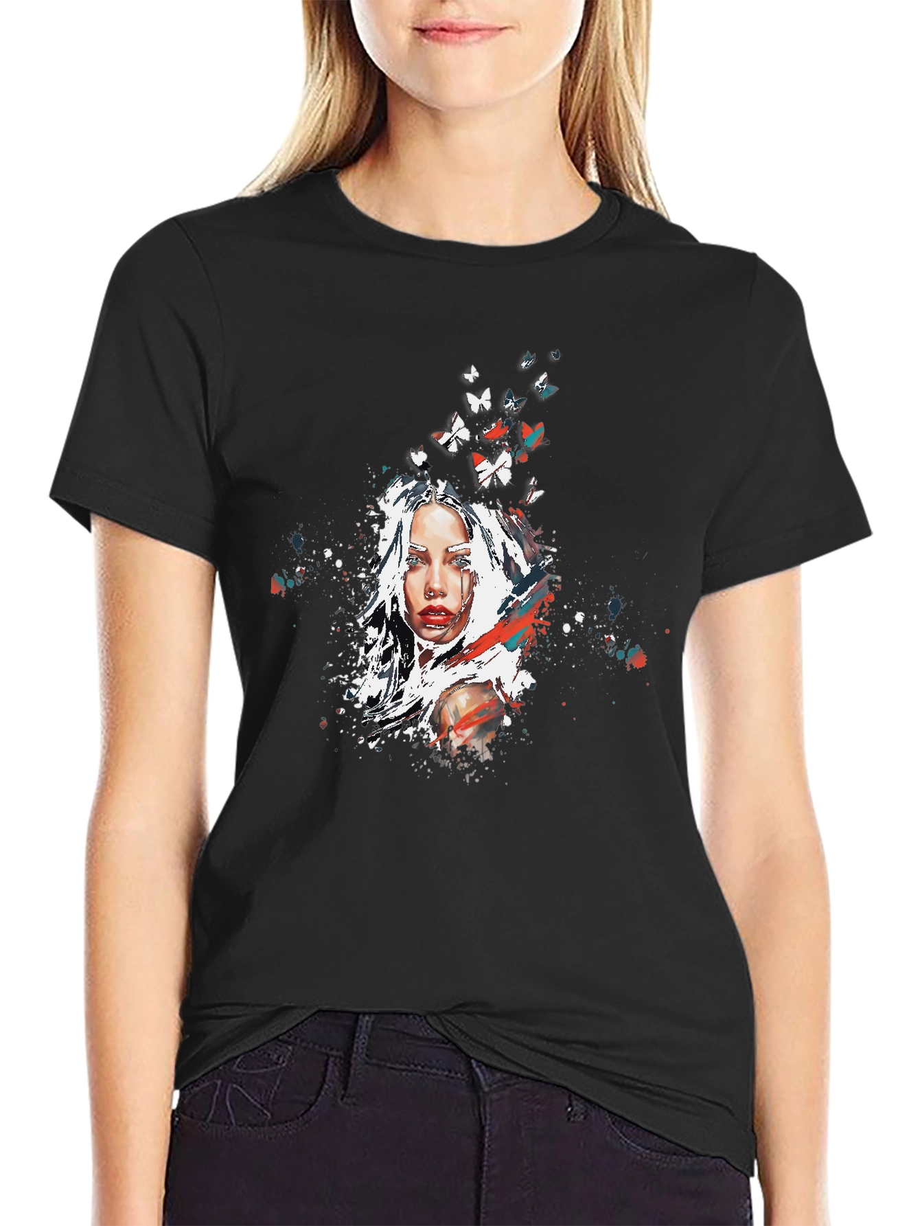 Artistic Woman Butterfly Graphic Black T-Shirt