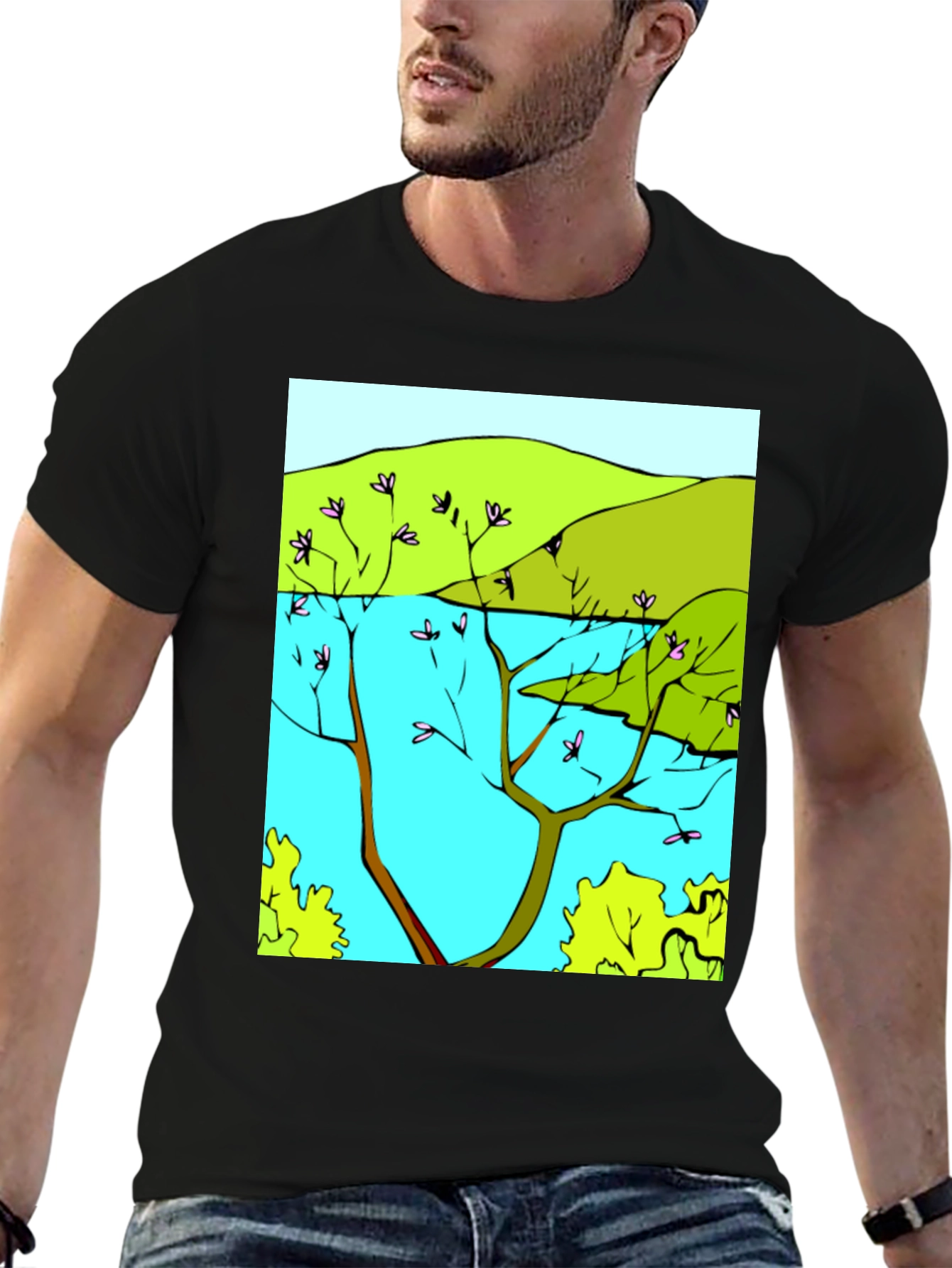 Nature Scene Graphic T-Shirt - Stylish Black Tee