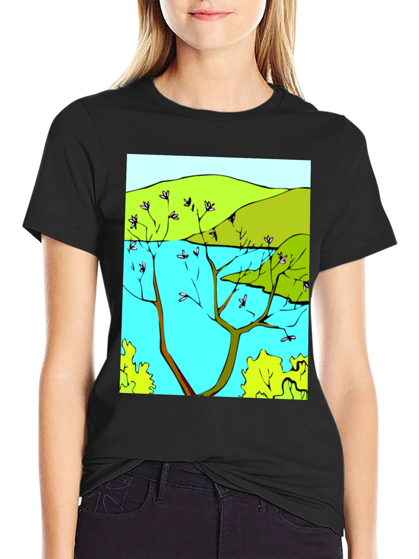 Nature Scene Graphic T-Shirt - Stylish Black Tee