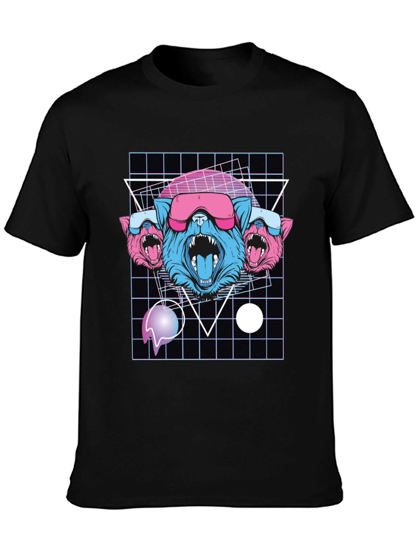 Retro Cyberpunk Three-Headed Wolf Graphic Tee