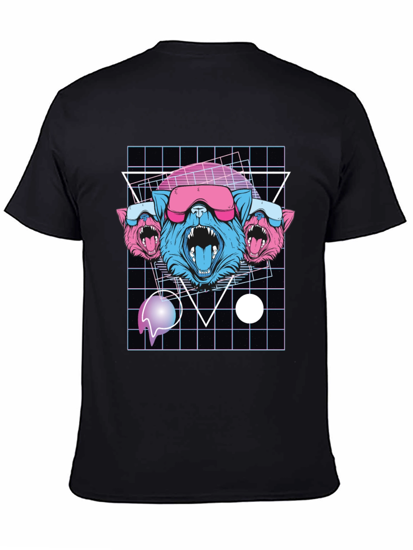 Retro Cyberpunk Three-Headed Wolf Graphic Tee