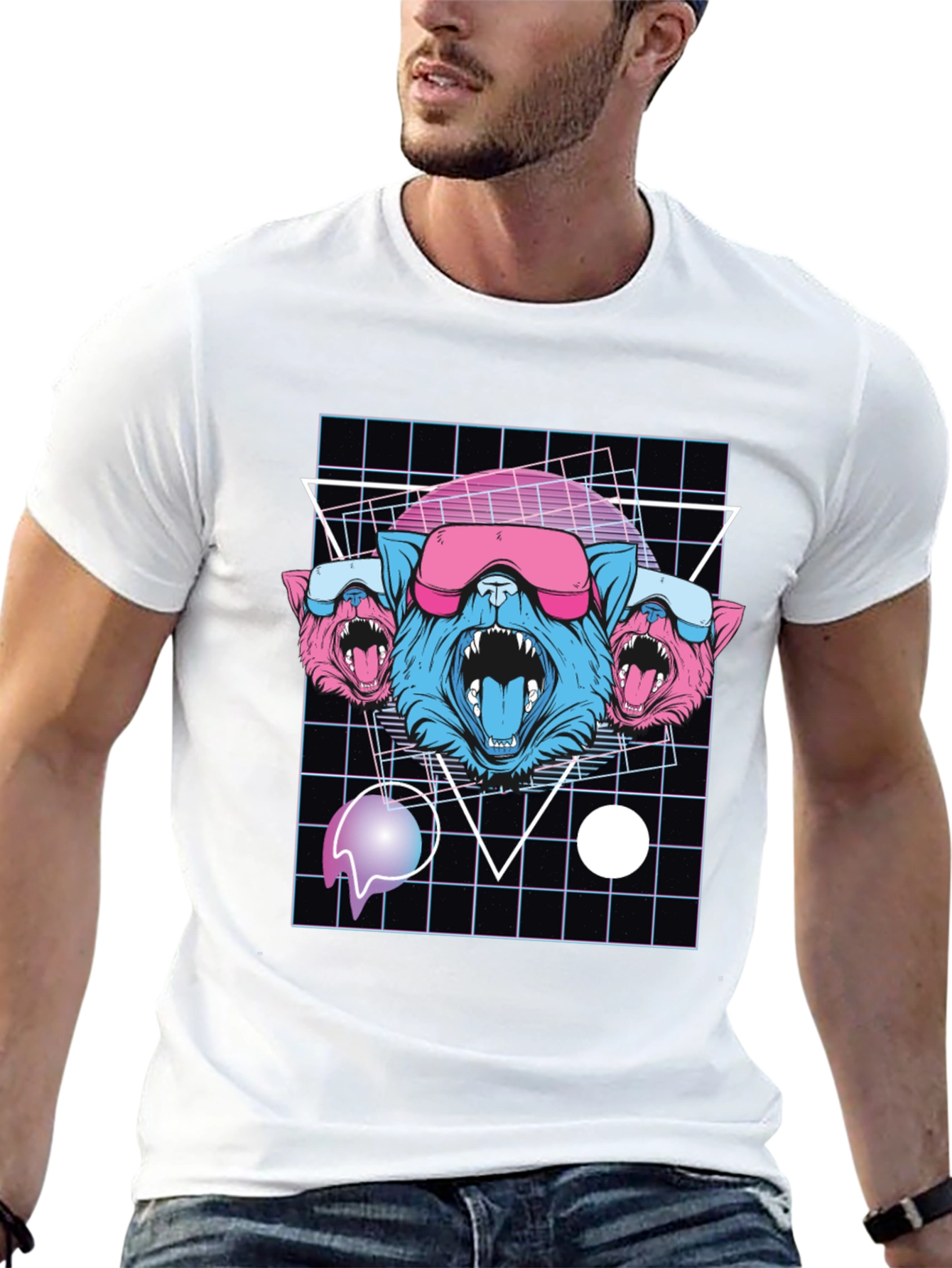 Retro Cyberpunk Three-Headed Wolf Graphic Tee