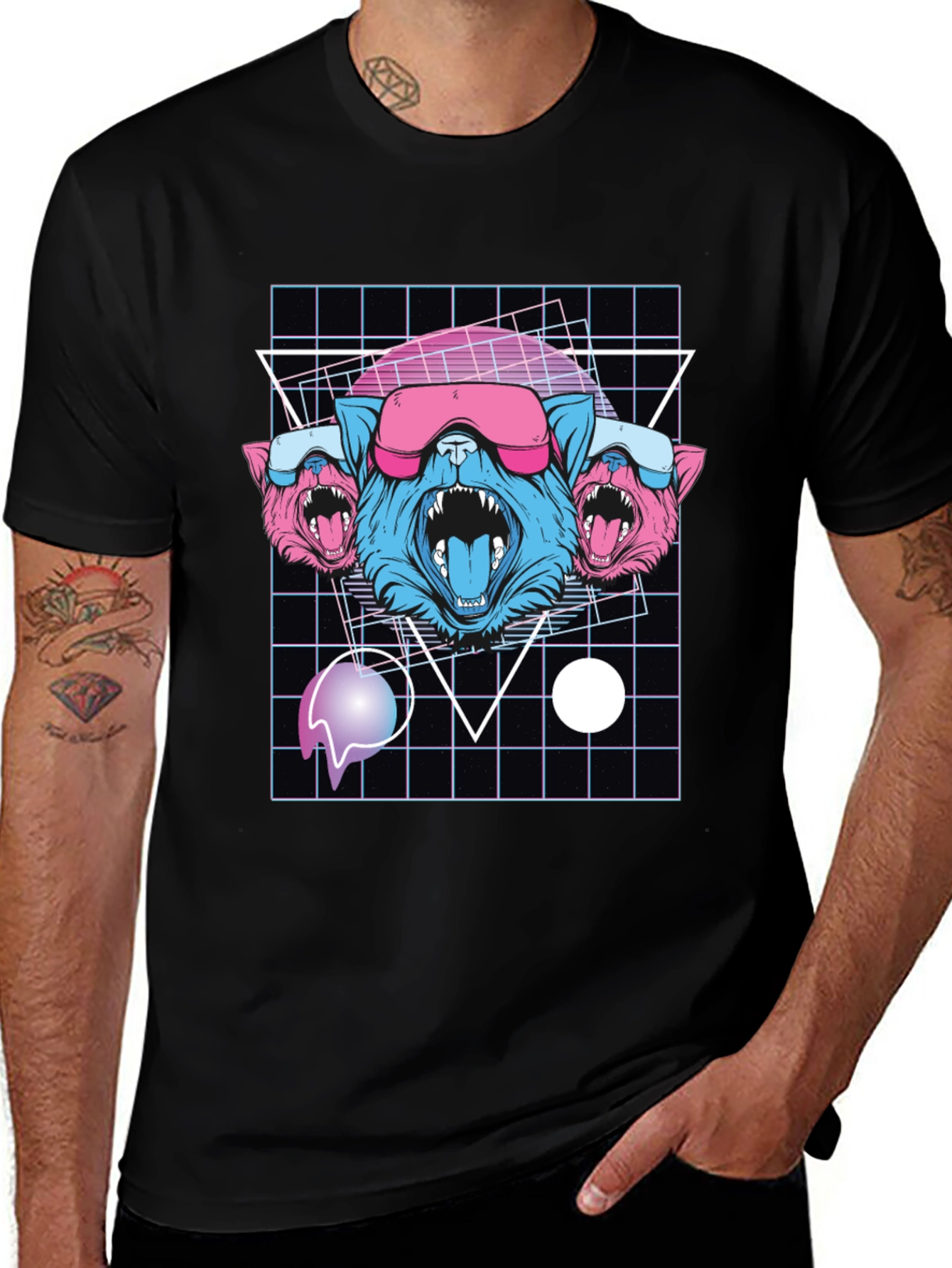 Retro Cyberpunk Three-Headed Wolf Graphic Tee