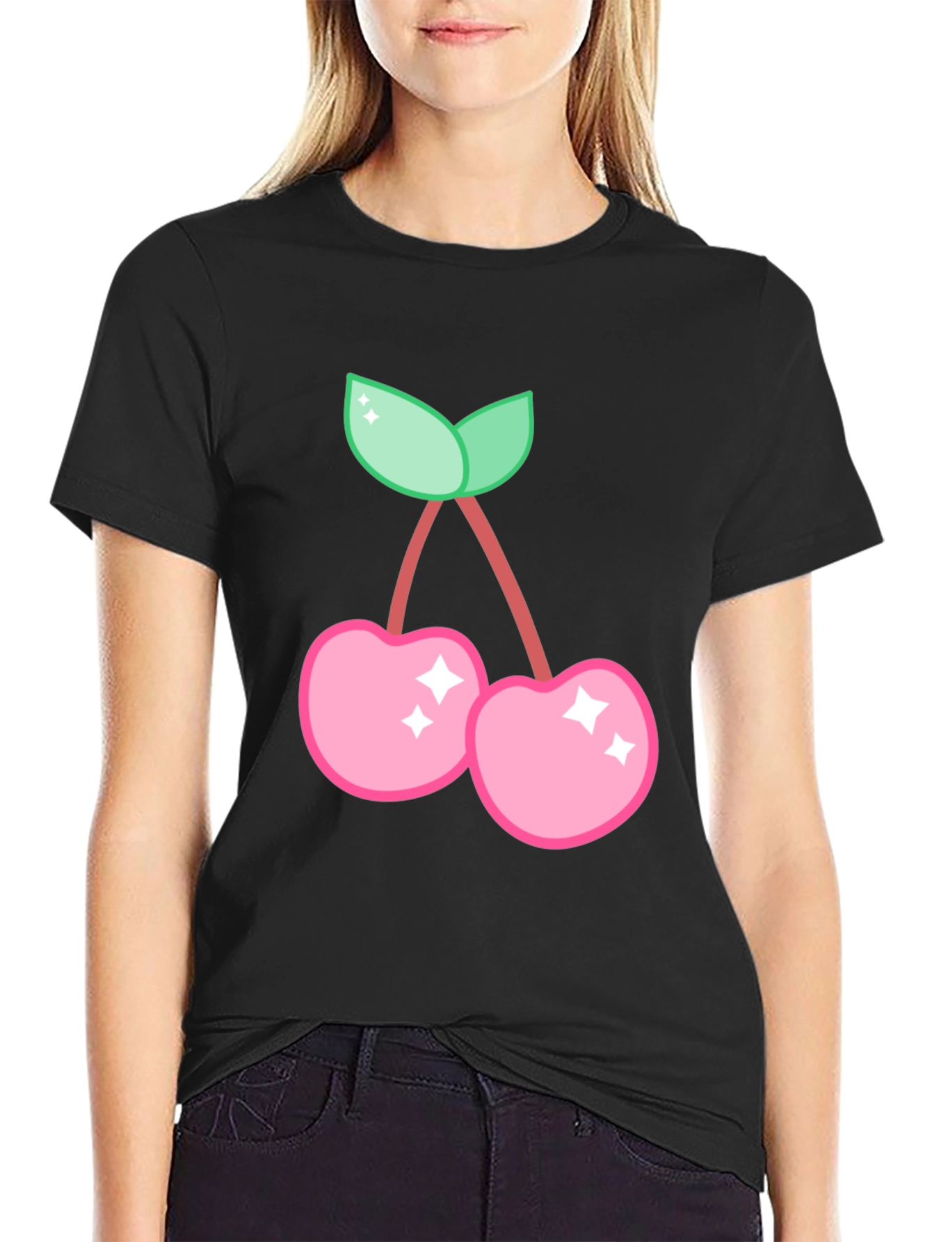 Cute Cherry Graphic Black T-Shirt