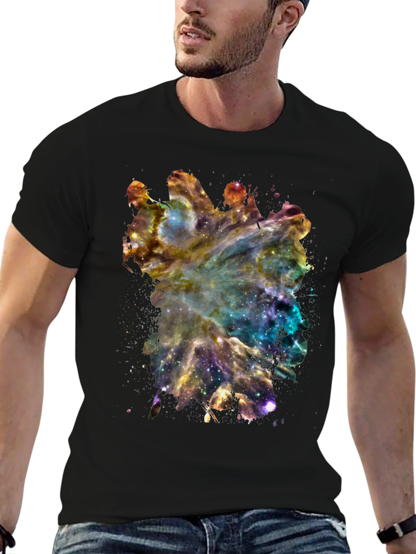 Galaxy Nebula Print Black Cotton T-Shirt