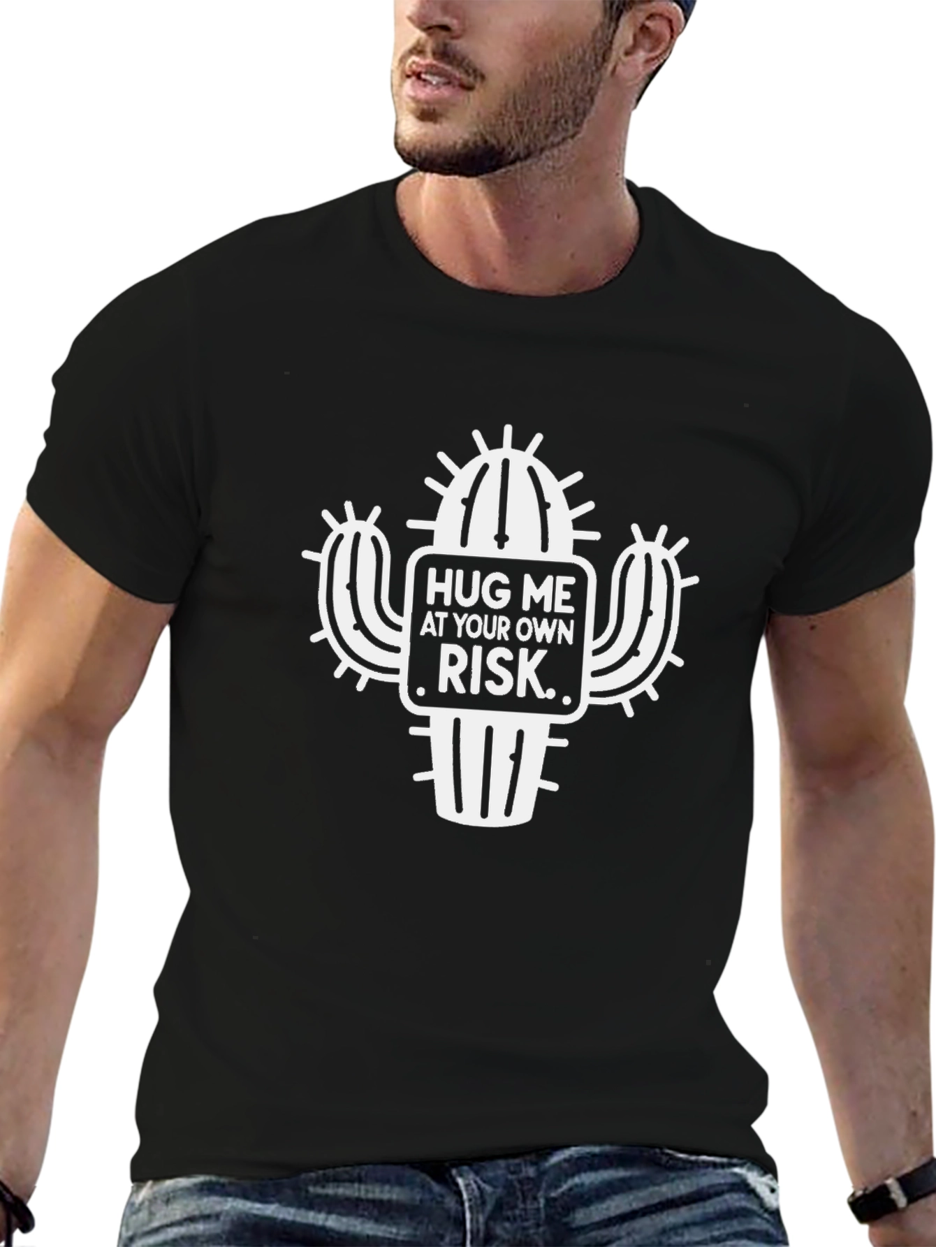 Hug Me At Your Own Risk Cactus Black T-Shirt