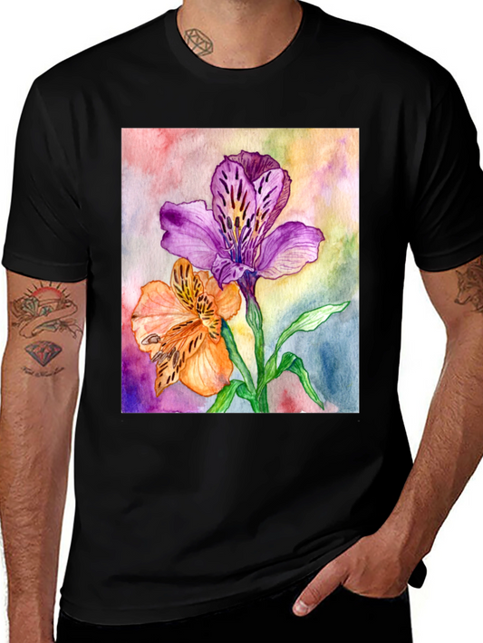 Floral Watercolor T-Shirt: Purple & Orange Lily Design