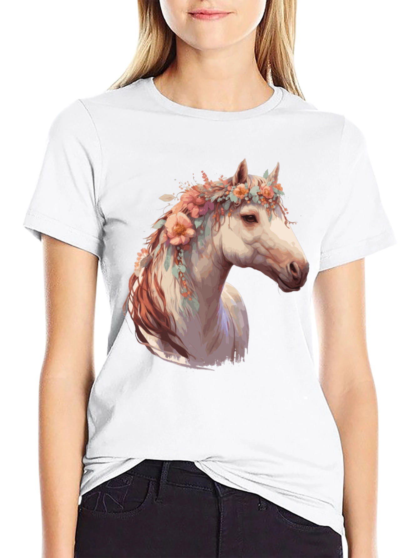 Floral Horse Head Black Graphic Tee