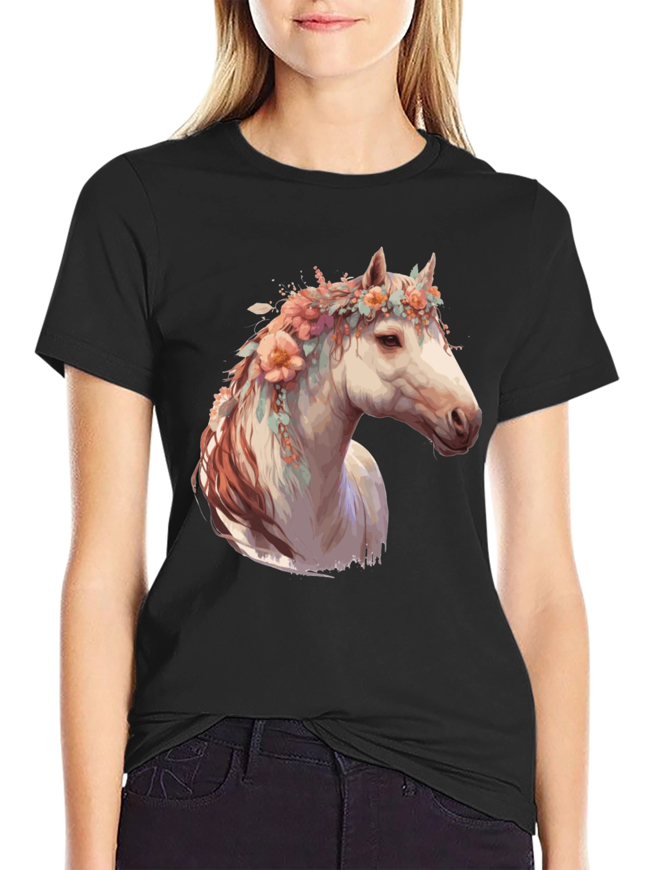 Floral Horse Head Black Graphic Tee