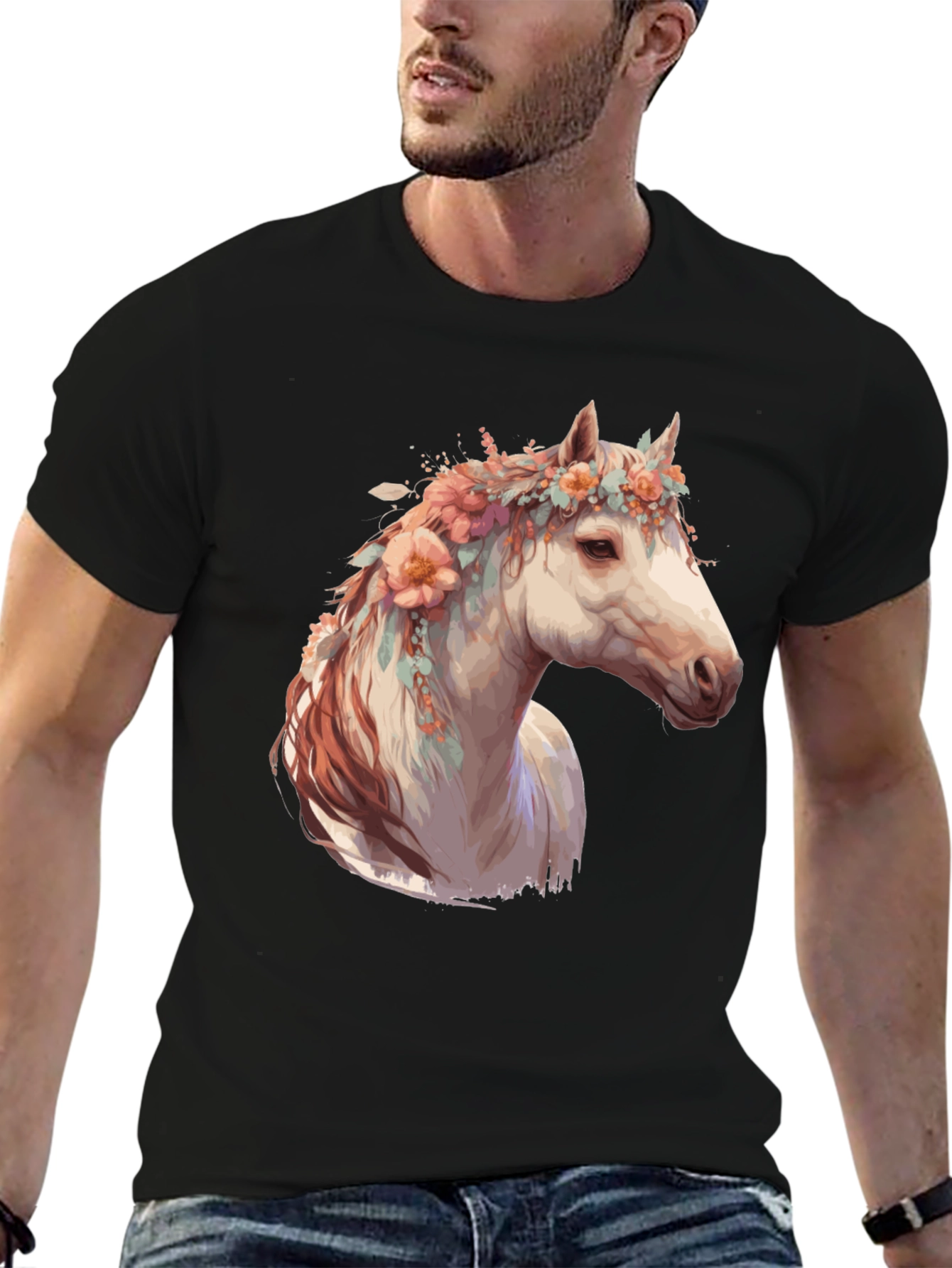 Floral Horse Head Black Graphic Tee