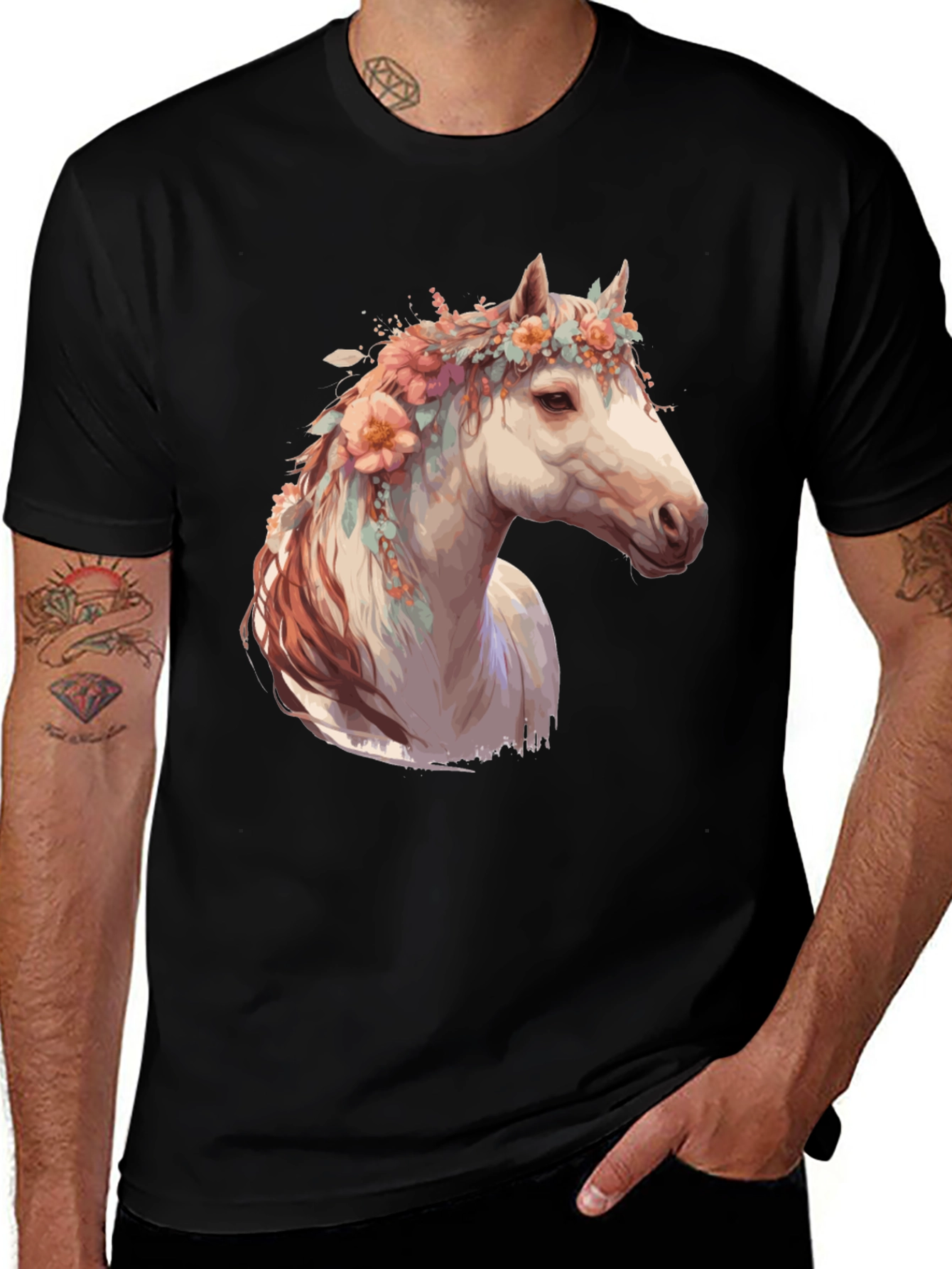 Floral Horse Head Black Graphic Tee