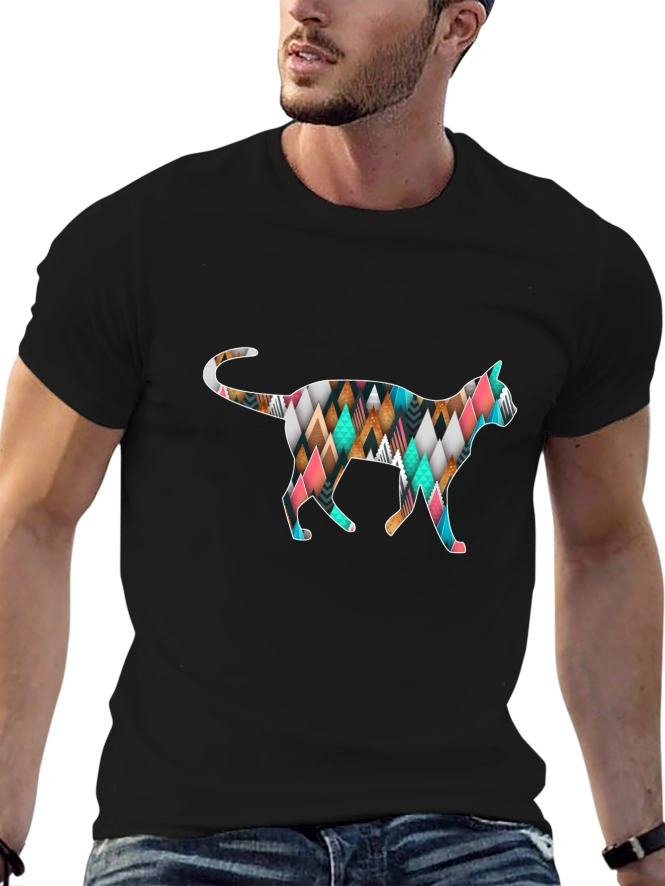 Geometric Cat T-Shirt - Black Cotton Blend