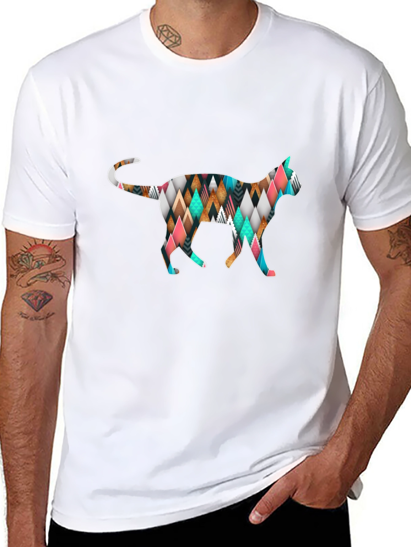 Geometric Cat T-Shirt - Black Cotton Blend