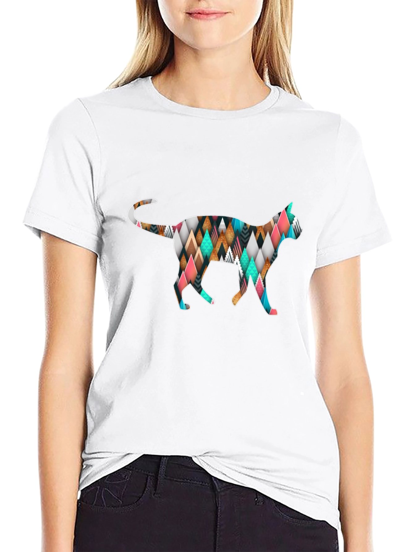 Geometric Cat T-Shirt - Black Cotton Blend