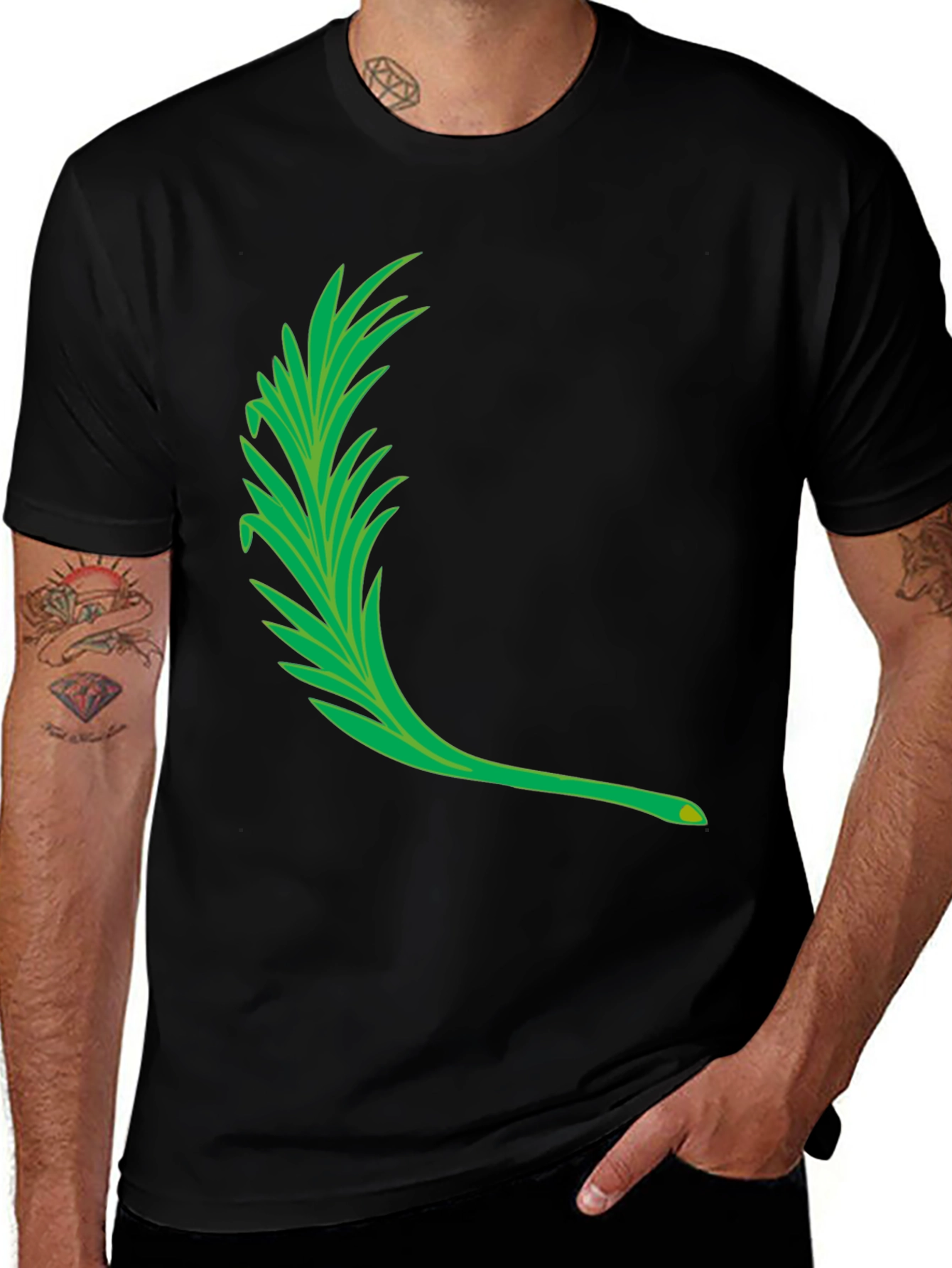 Mens Black T-Shirt with Green Leaf Graphic