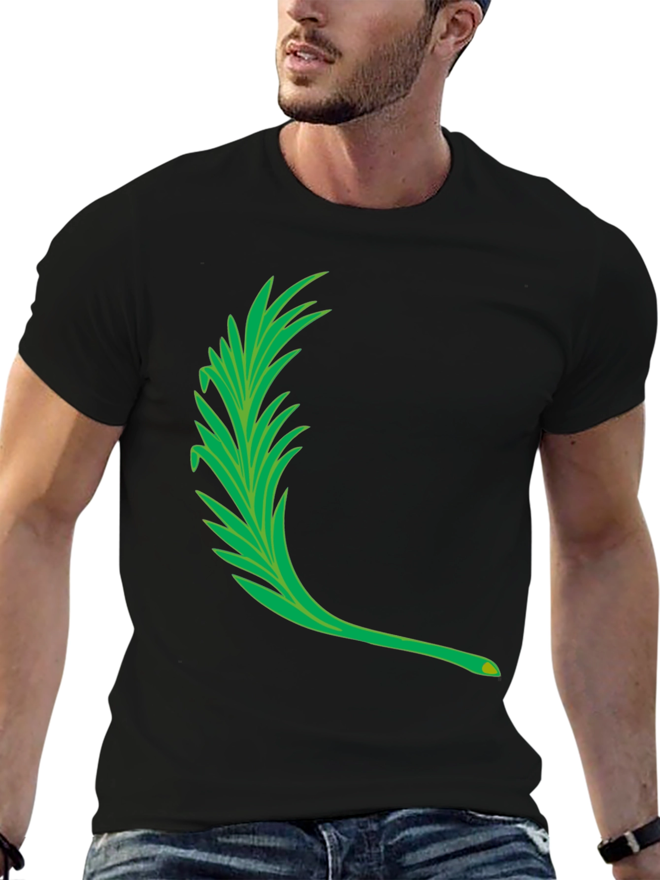 Mens Black T-Shirt with Green Leaf Graphic