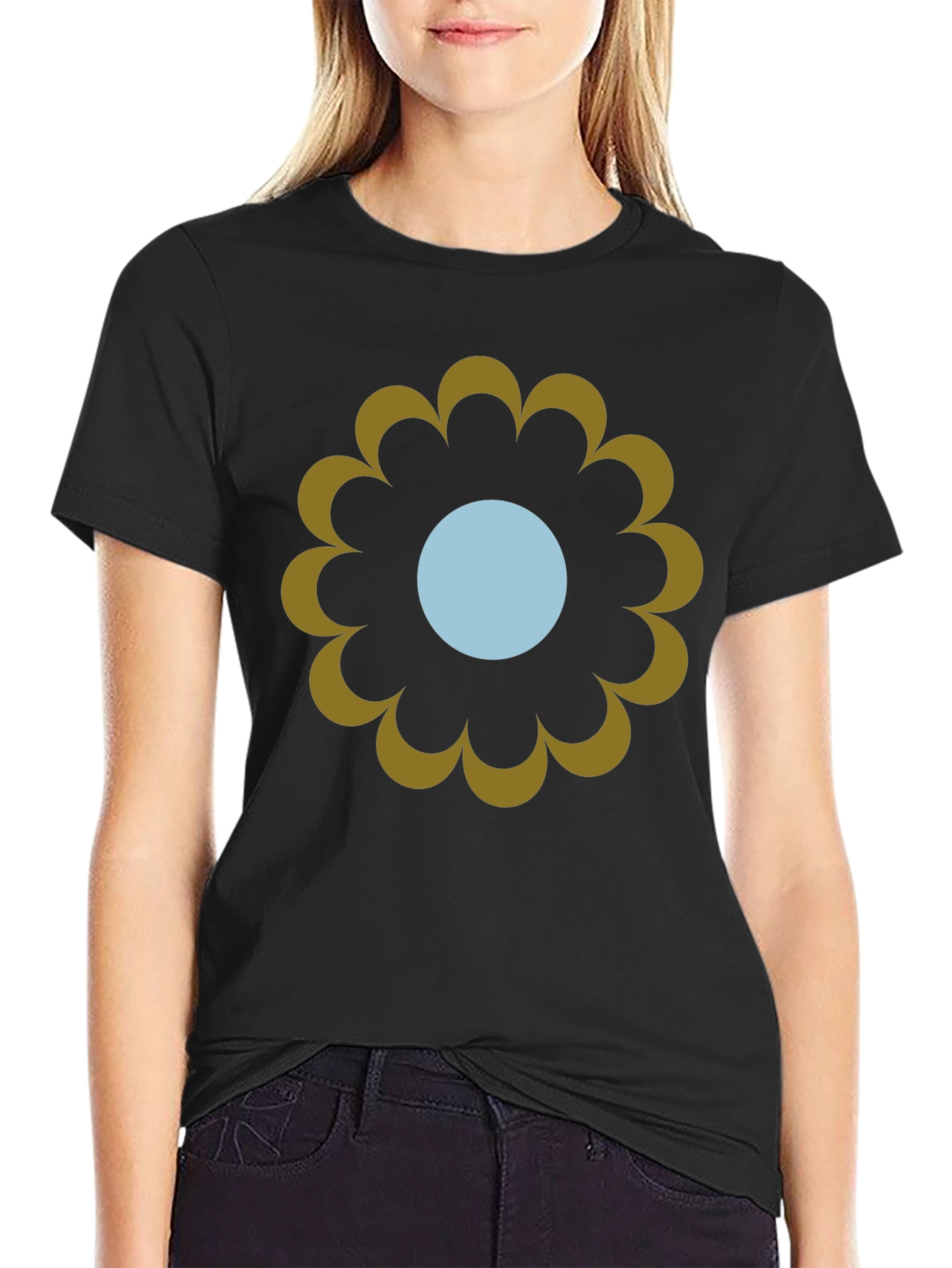 Retro Flower Graphic Tee - Casual Black T-Shirt