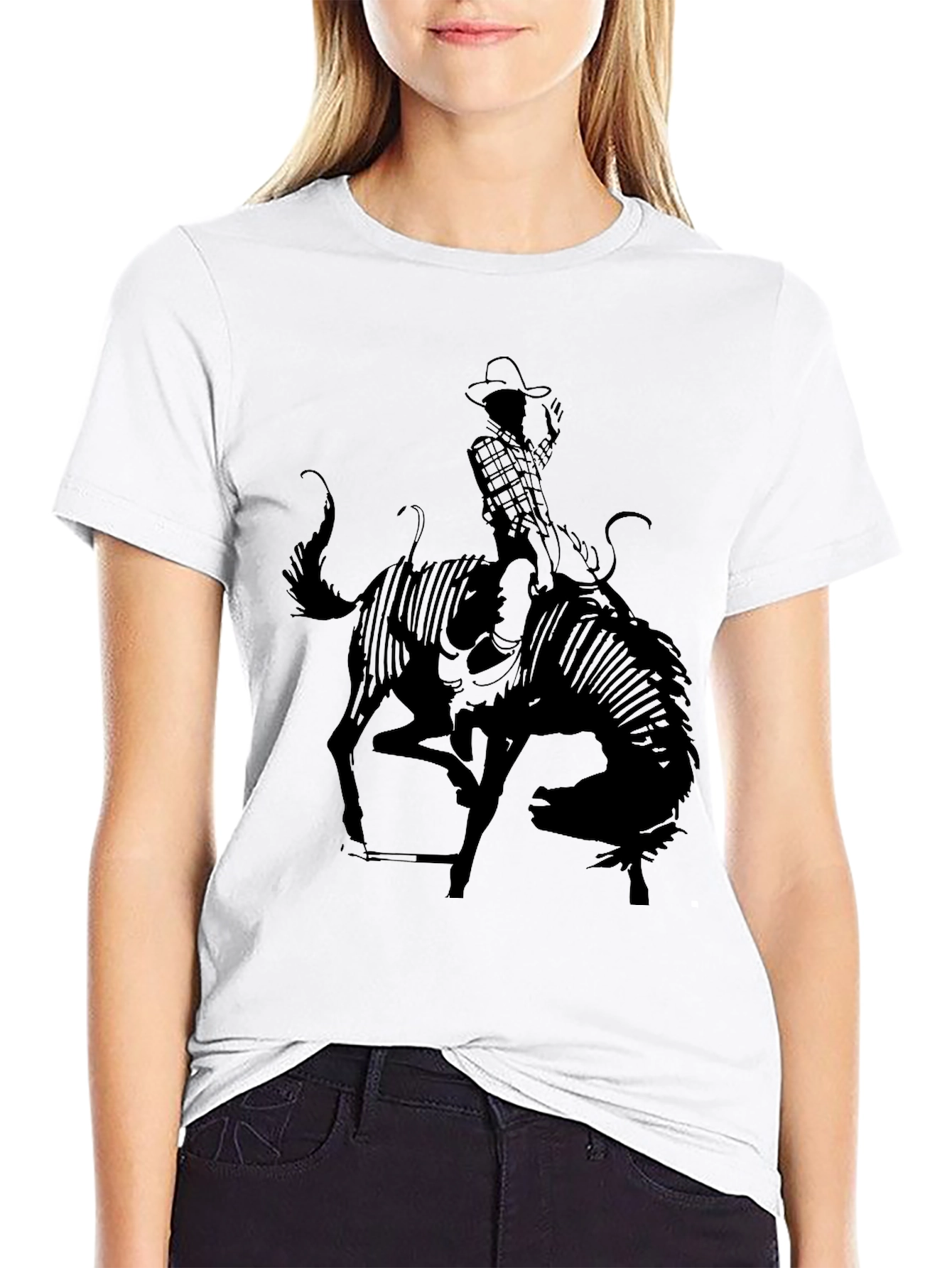 Cowboy Riding Bull Black T-Shirt Rodeo Style