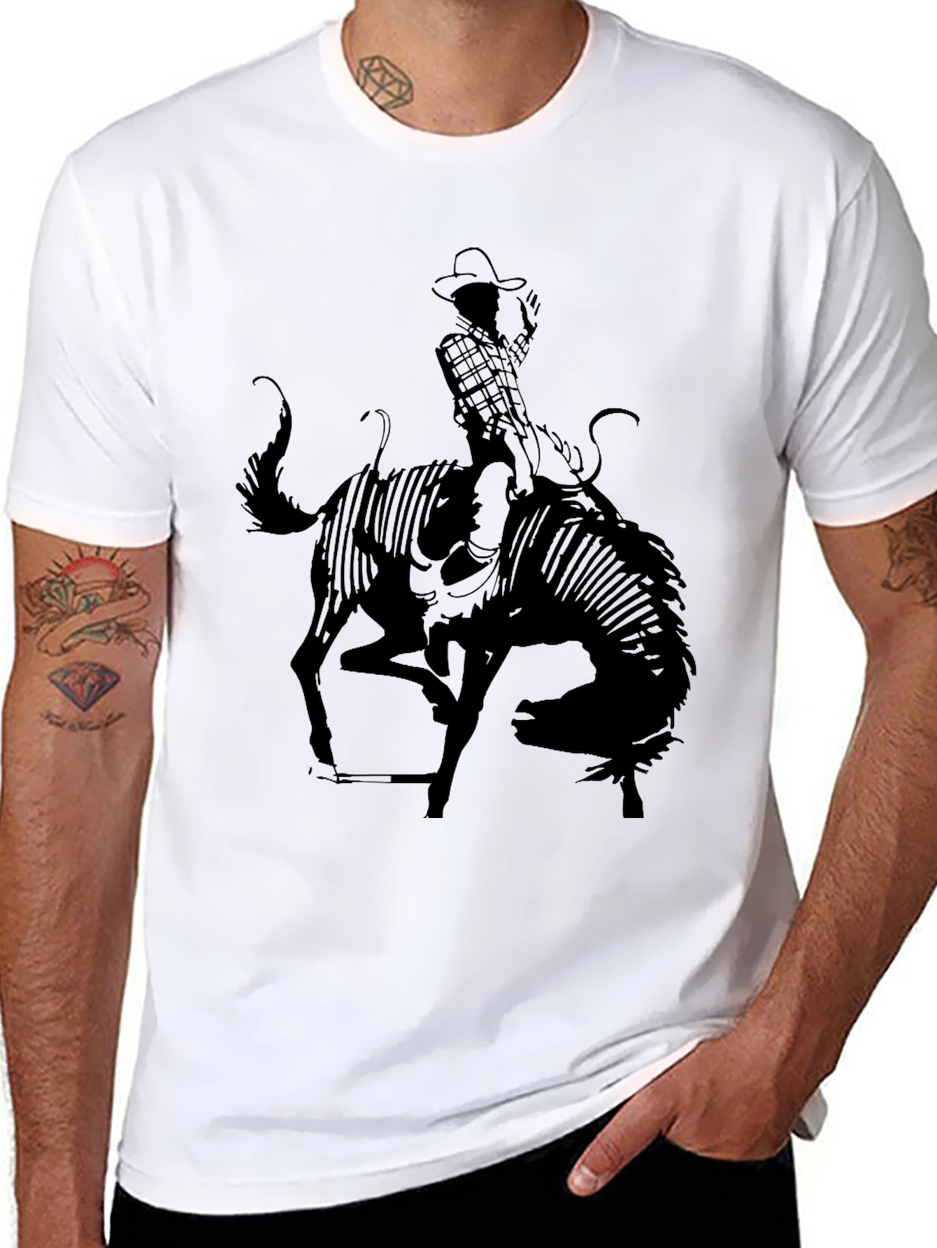 Cowboy Riding Bull Black T-Shirt Rodeo Style