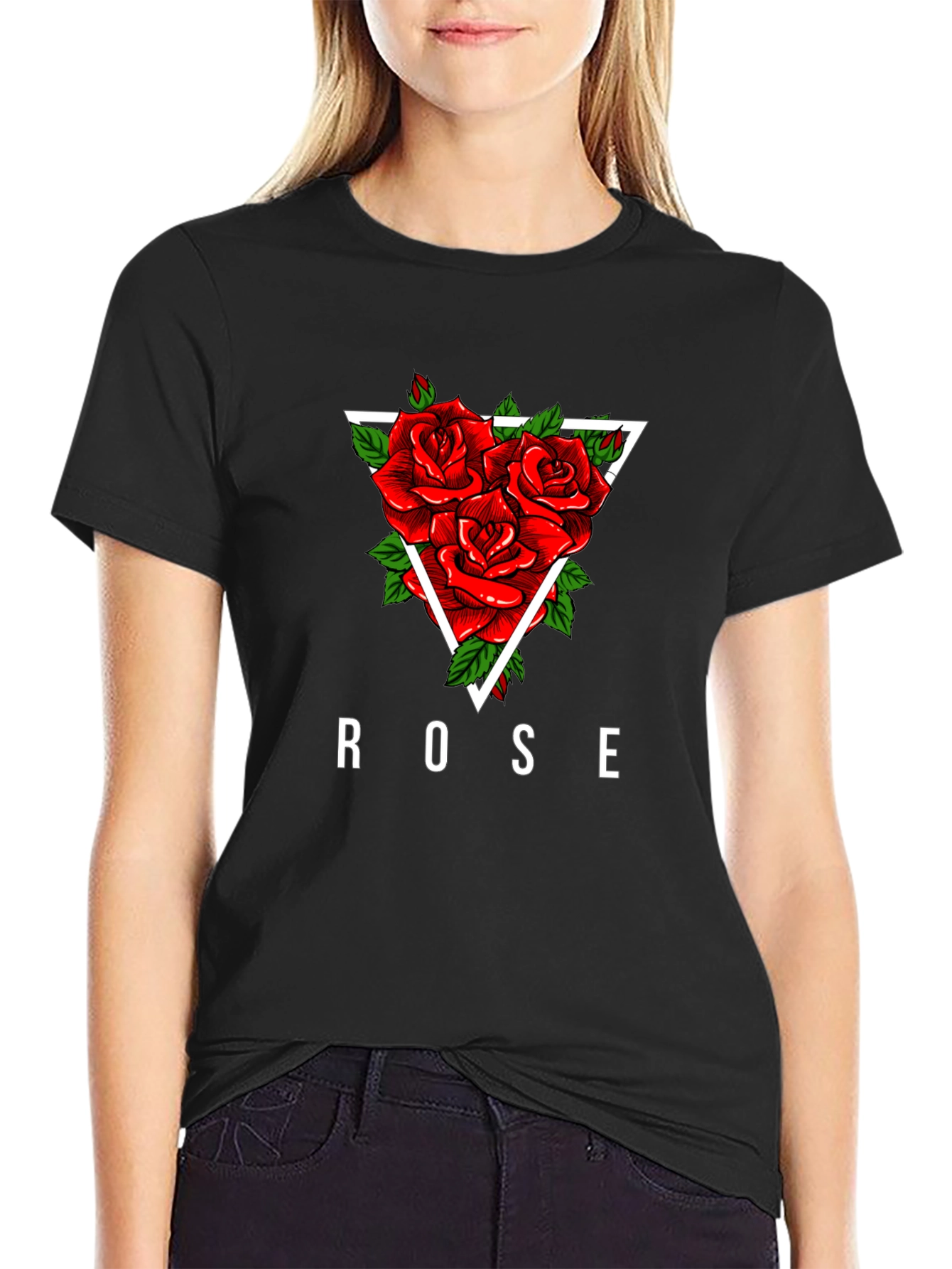 Rose Triangle Graphic Print Black T-Shirt