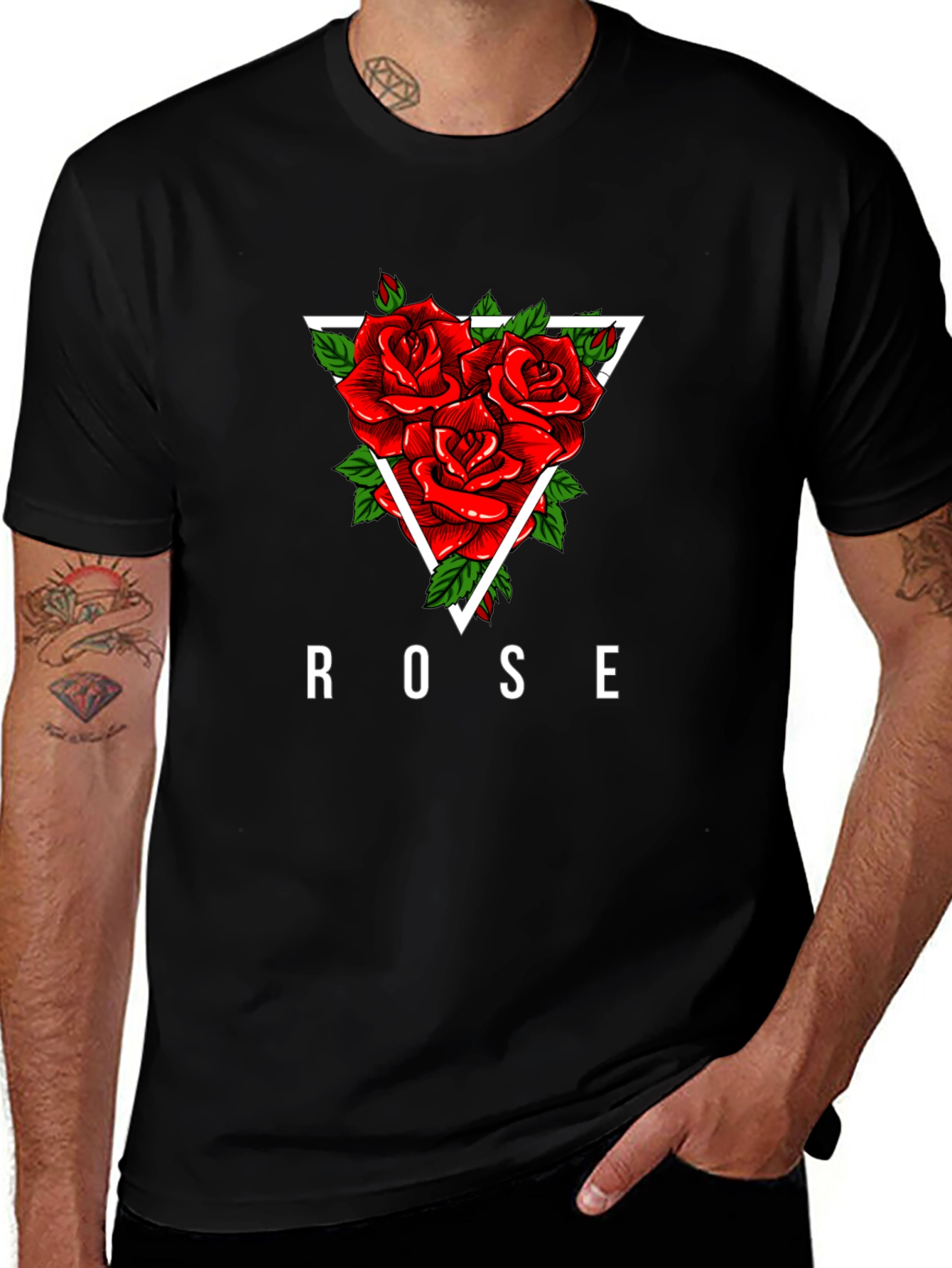 Rose Triangle Graphic Print Black T-Shirt