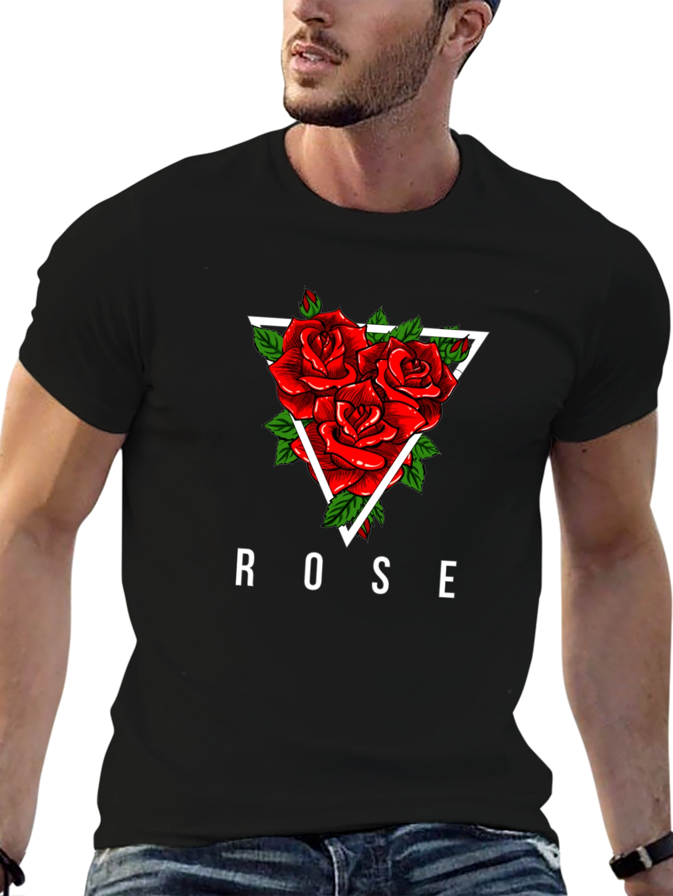 Rose Triangle Graphic Print Black T-Shirt