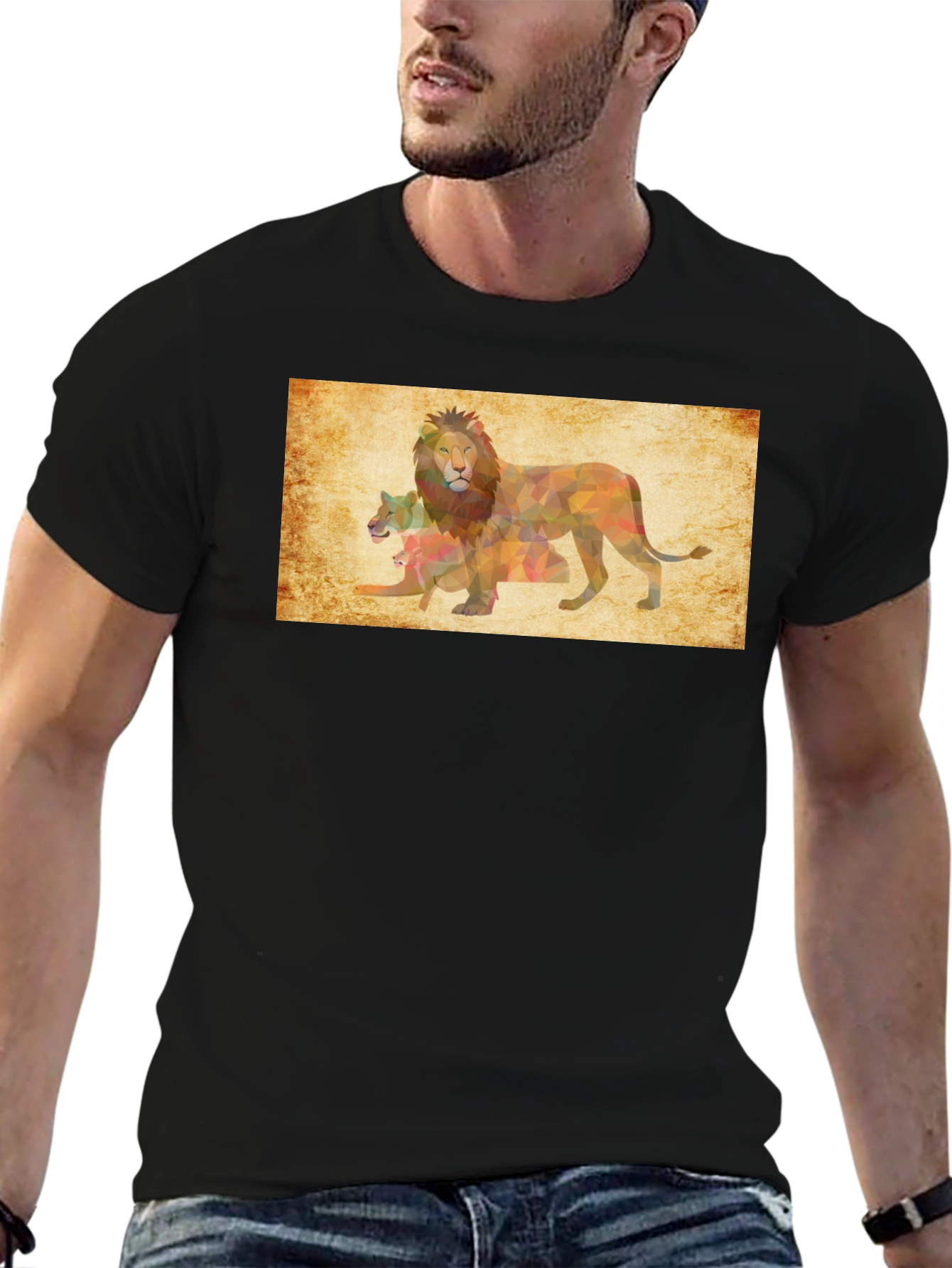 Geometric Lion Family Print Black T-Shirt