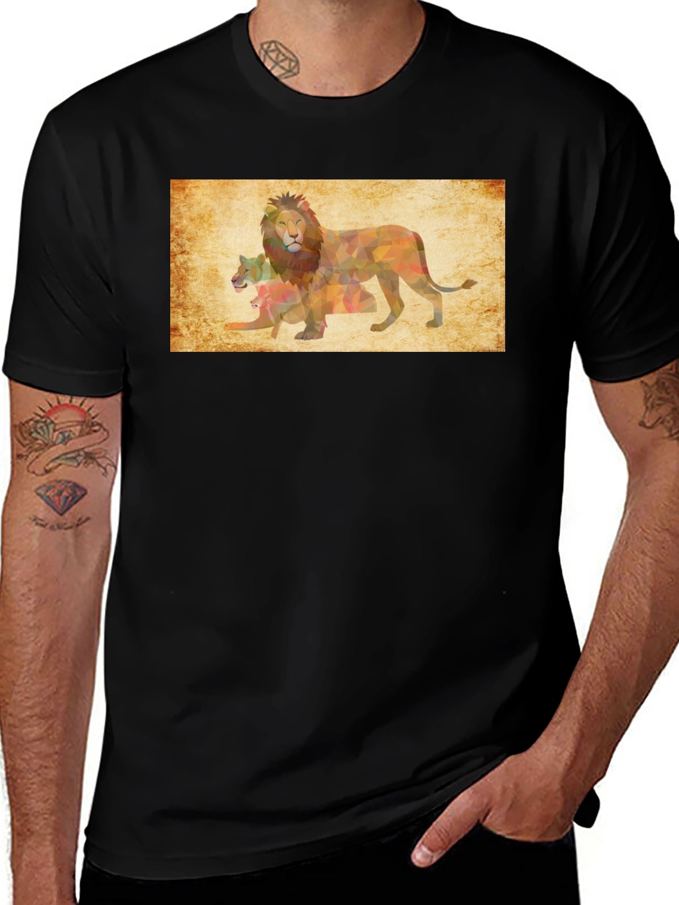 Geometric Lion Family Print Black T-Shirt