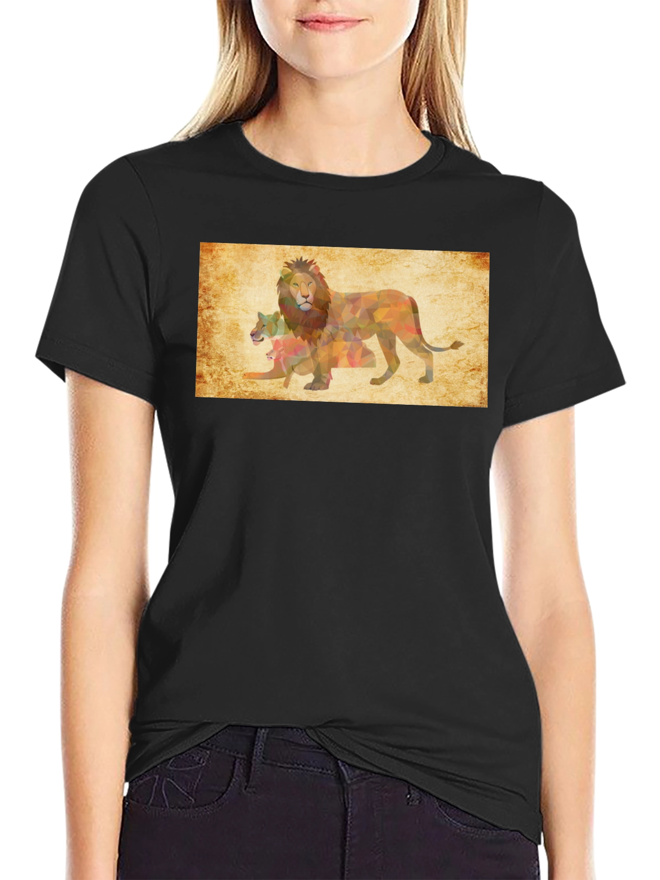 Geometric Lion Family Print Black T-Shirt