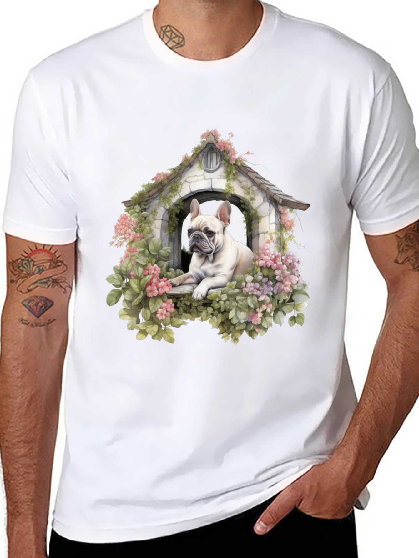 Floral Bulldog Dog House T-Shirt – Artistic Dog Lover Tee