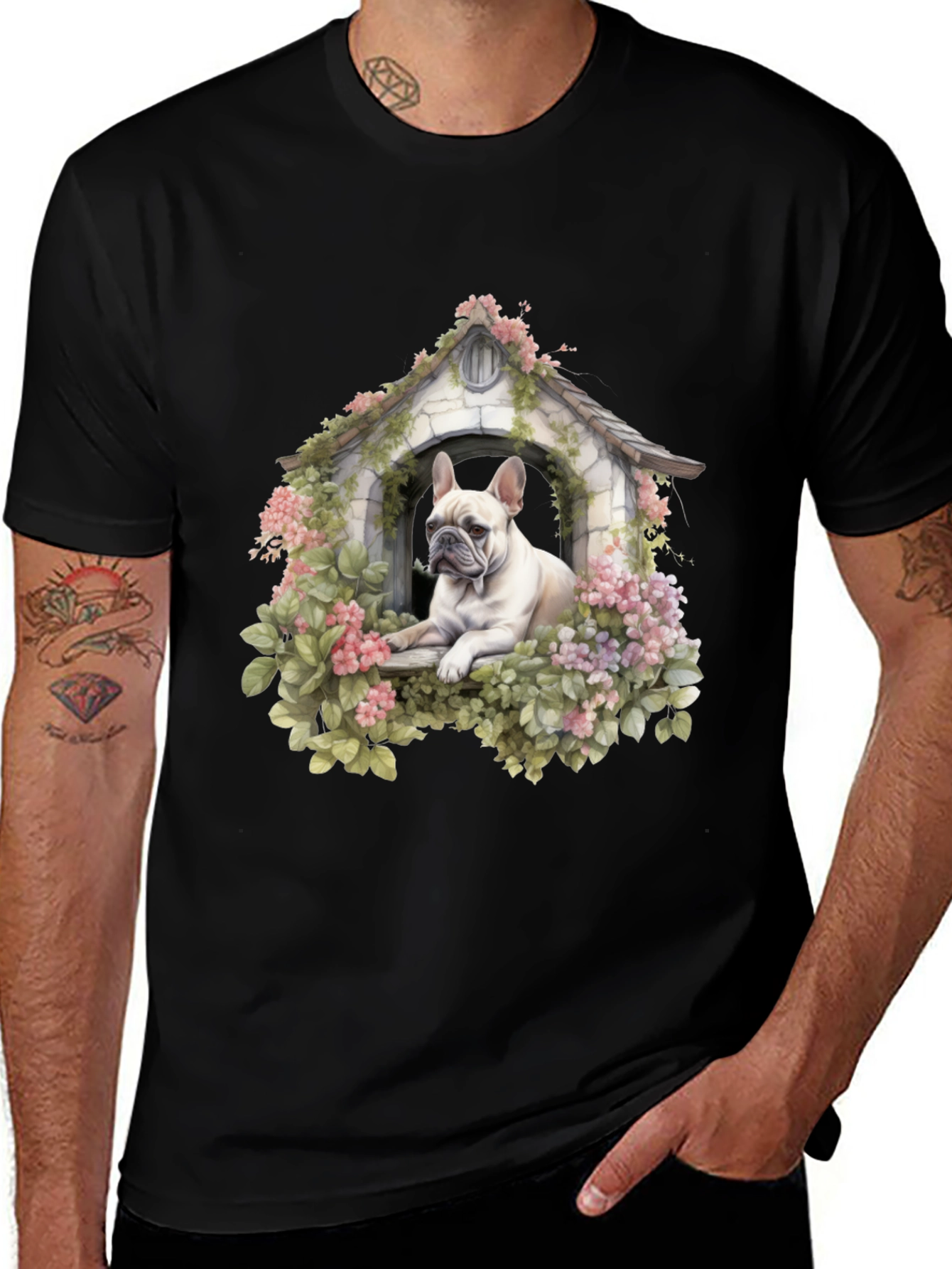 Floral Bulldog Dog House T-Shirt – Artistic Dog Lover Tee