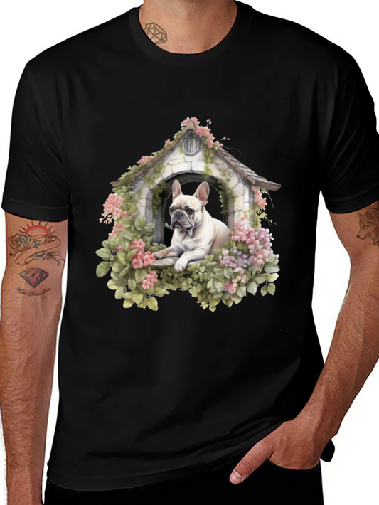 Floral Bulldog Dog House T-Shirt – Artistic Dog Lover Tee