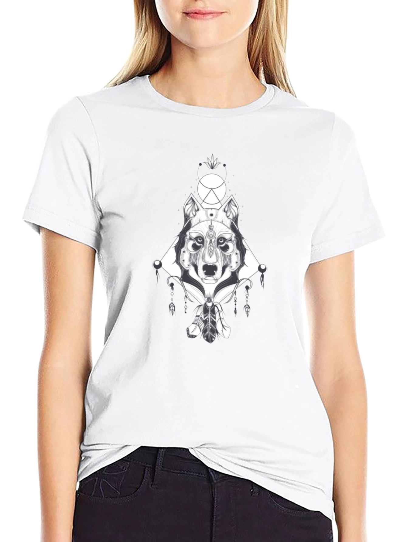 Wolf Geometric Graphic Print Black T-Shirt