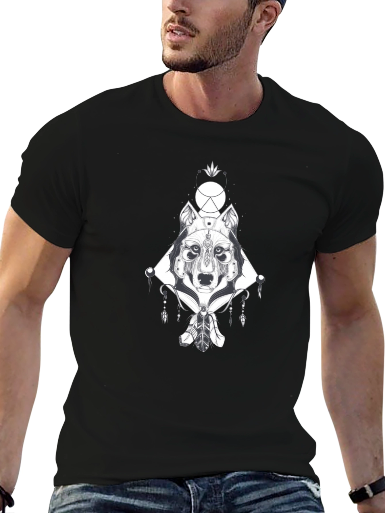 Wolf Geometric Graphic Print Black T-Shirt