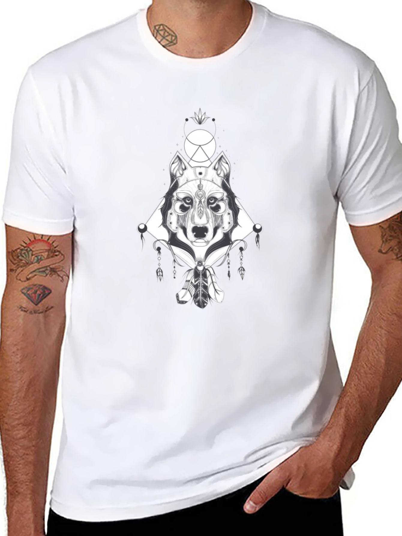 Wolf Geometric Graphic Print Black T-Shirt