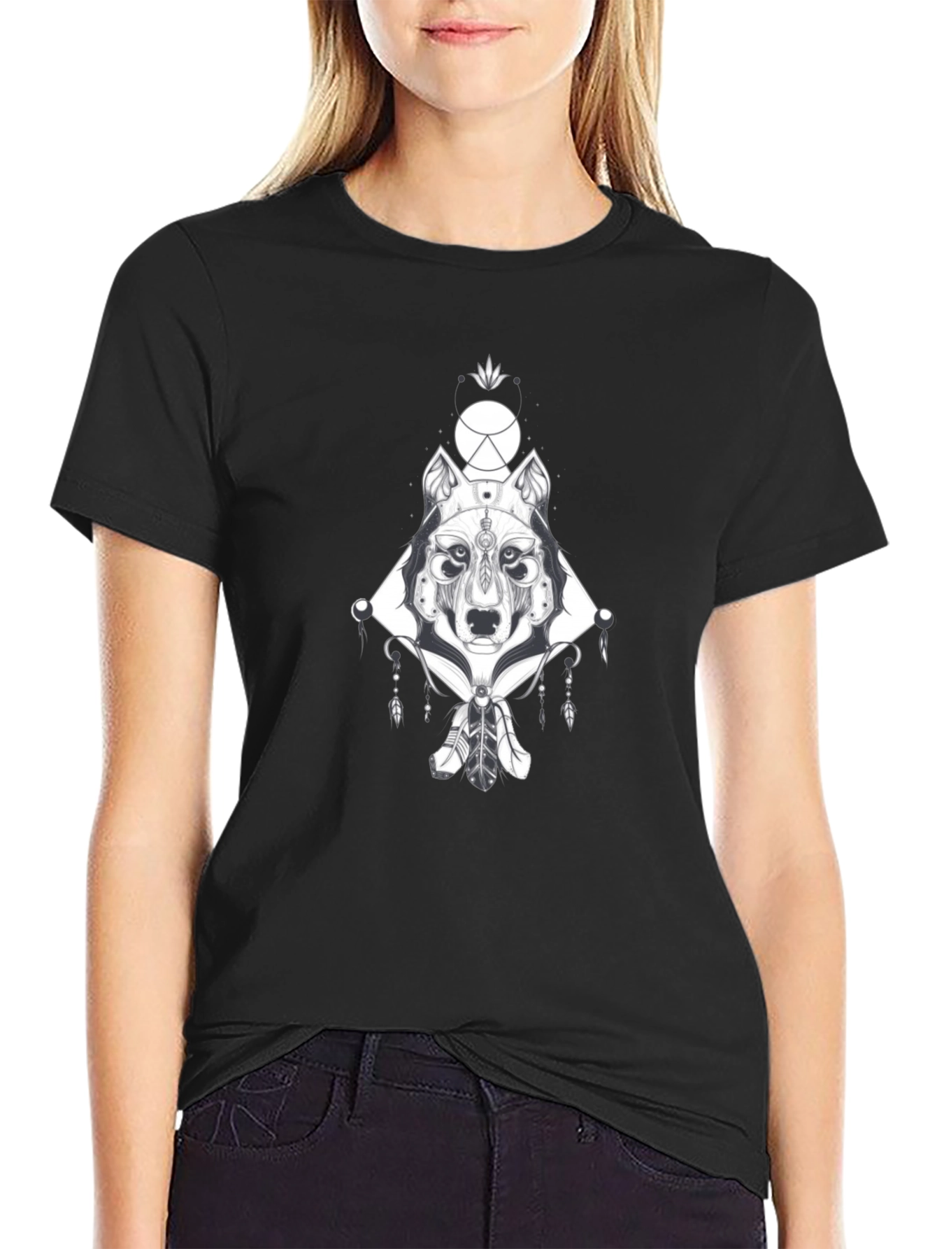 Wolf Geometric Graphic Print Black T-Shirt