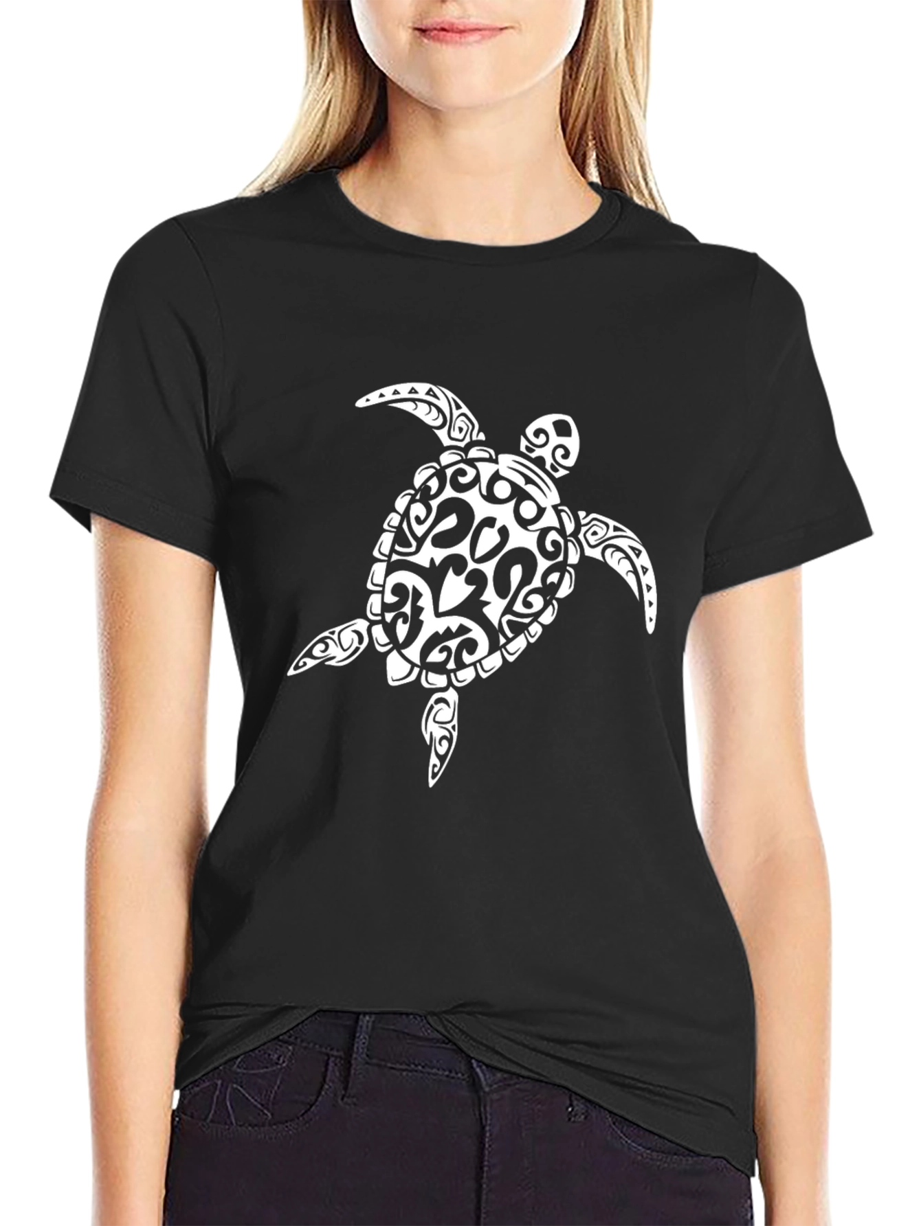 Tribal Turtle Graphic Tee - Black Cotton T-Shirt