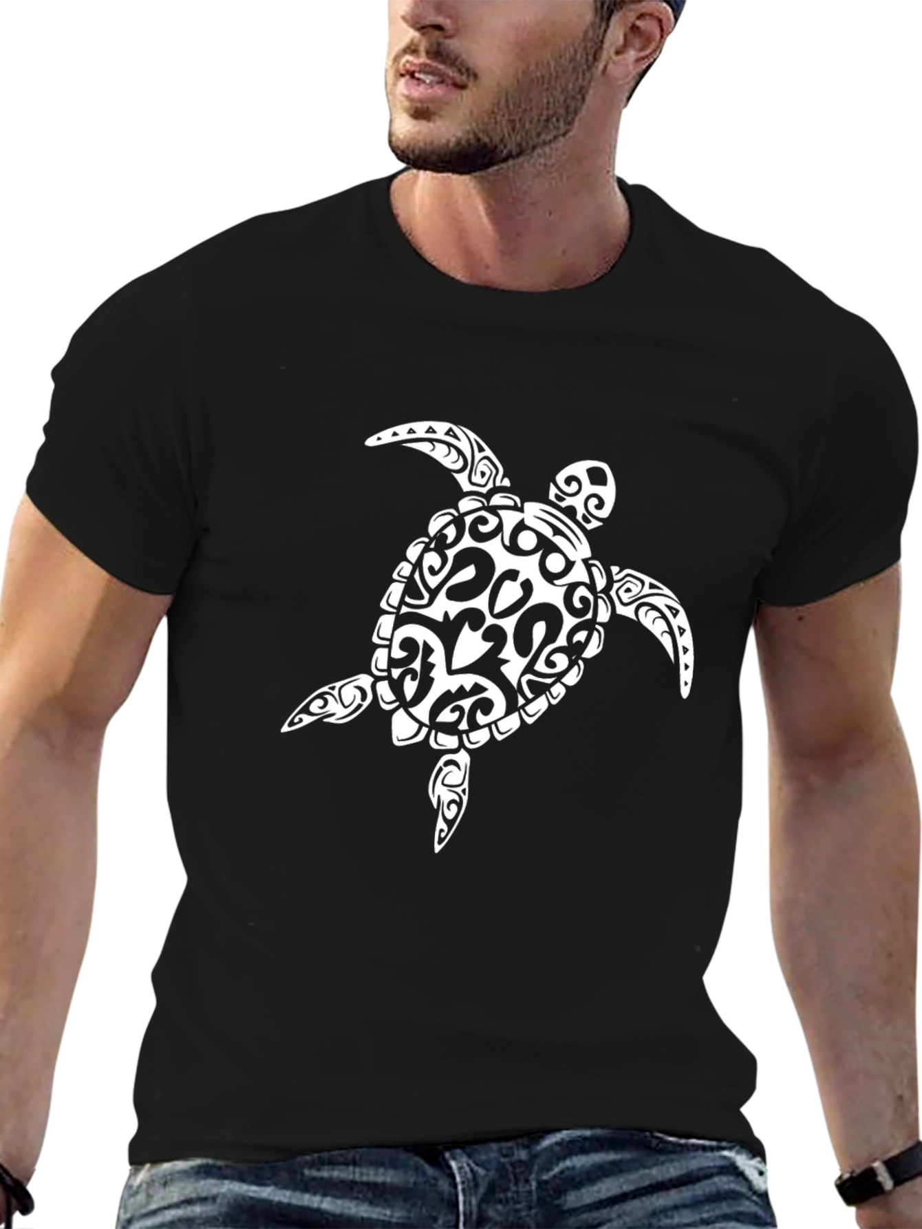Tribal Turtle Graphic Tee - Black Cotton T-Shirt