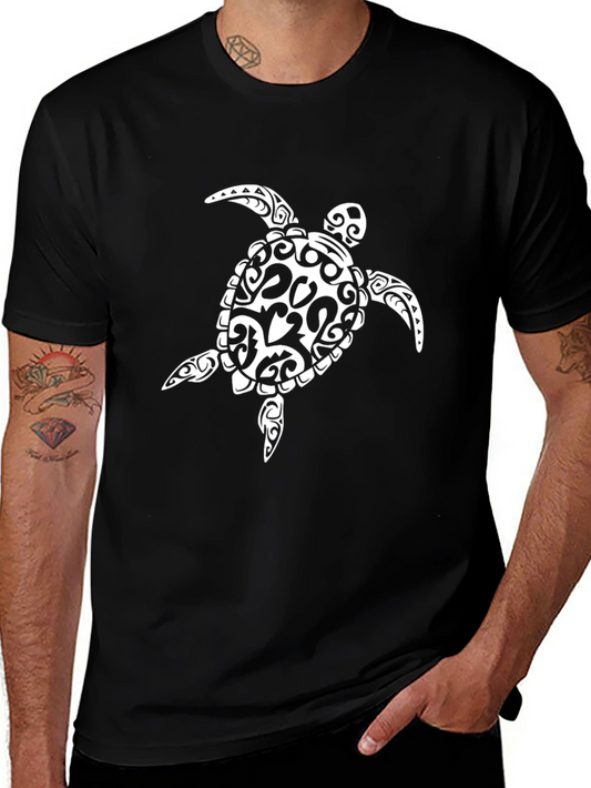 Tribal Turtle Graphic Tee - Black Cotton T-Shirt