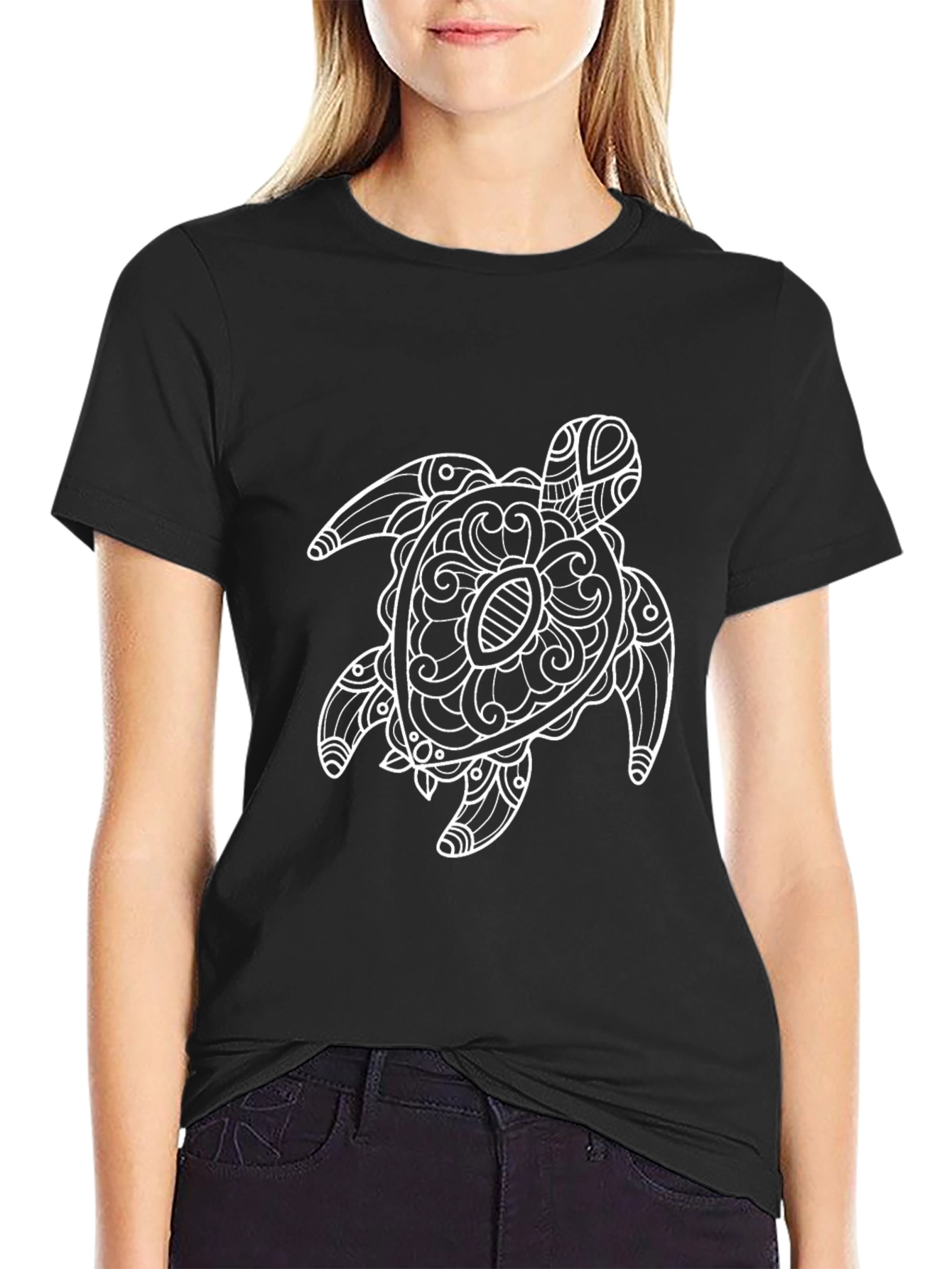 Black Tee with Ornate Turtle Graphic
