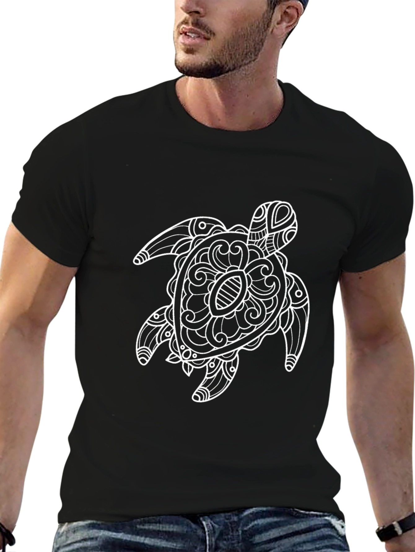 Black Tee with Ornate Turtle Graphic