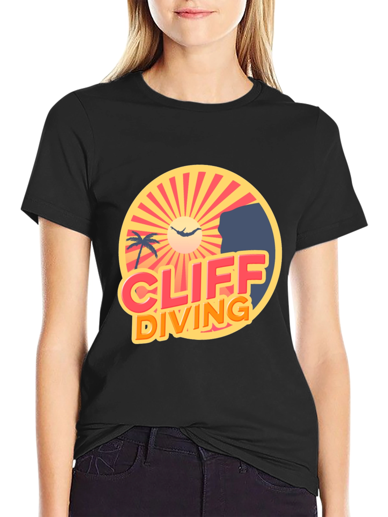 Cliff Diving Retro Graphic Tee - Black T-Shirt