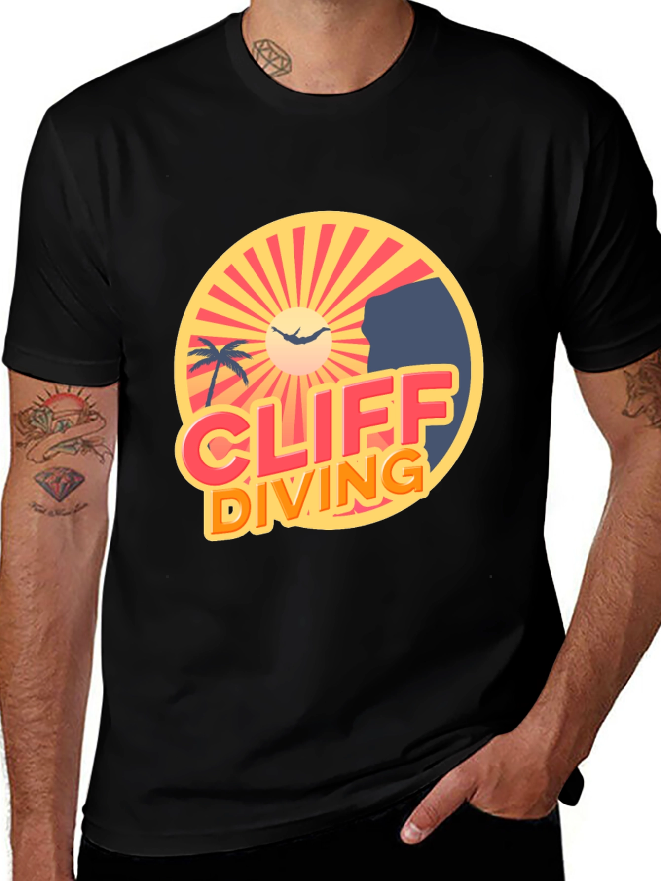 Cliff Diving Retro Graphic Tee - Black T-Shirt