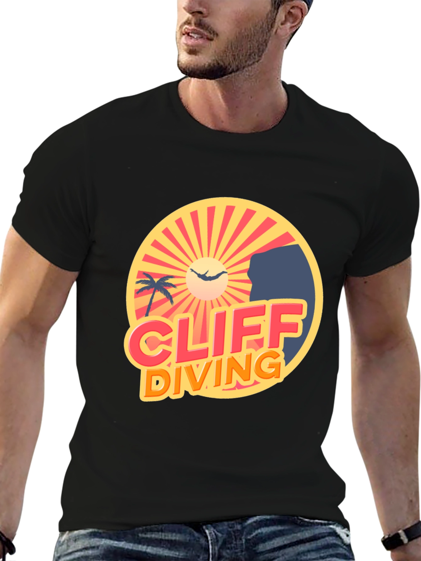 Cliff Diving Retro Graphic Tee - Black T-Shirt