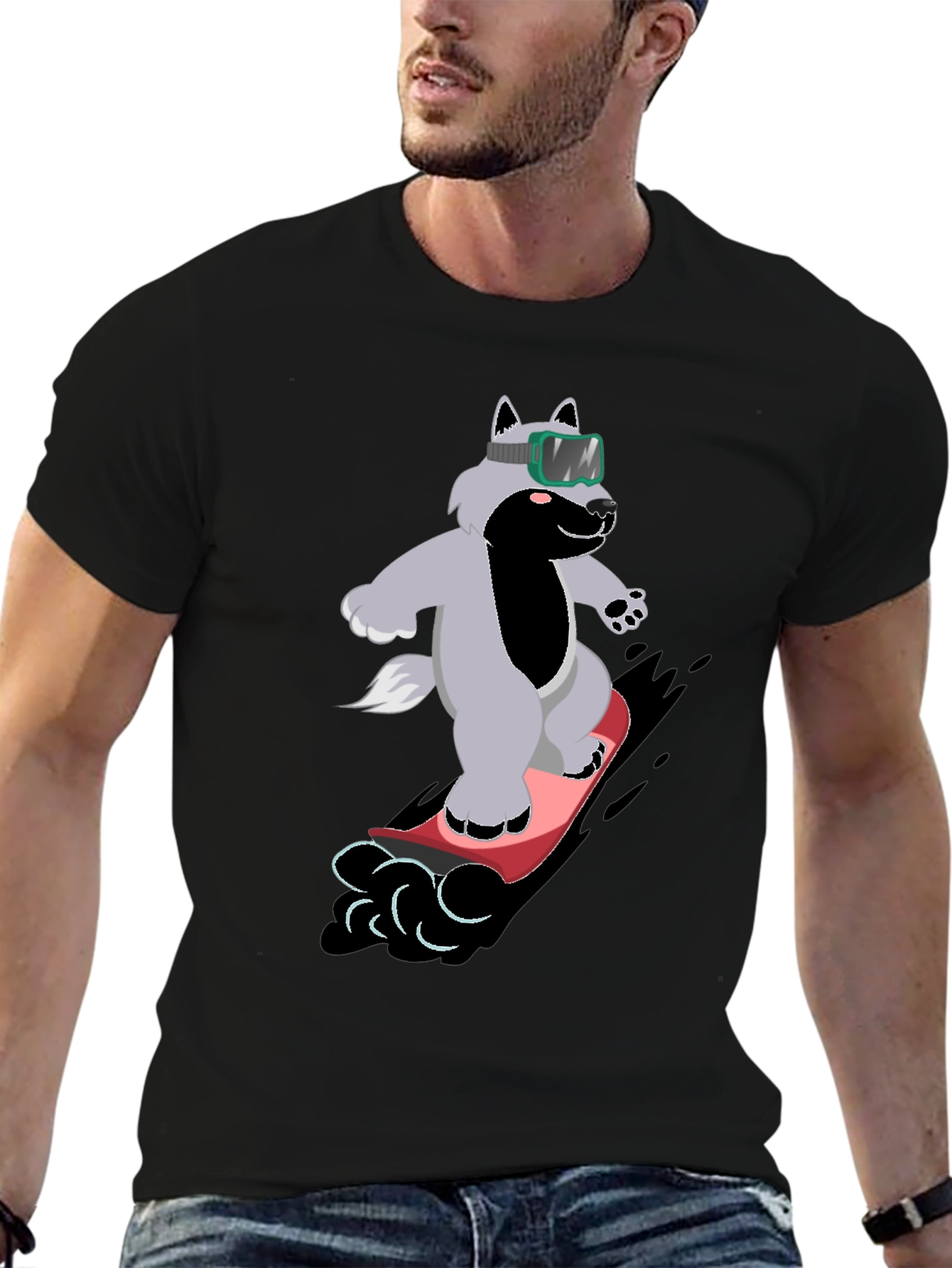 Wolf Snowboarder Black T-Shirt