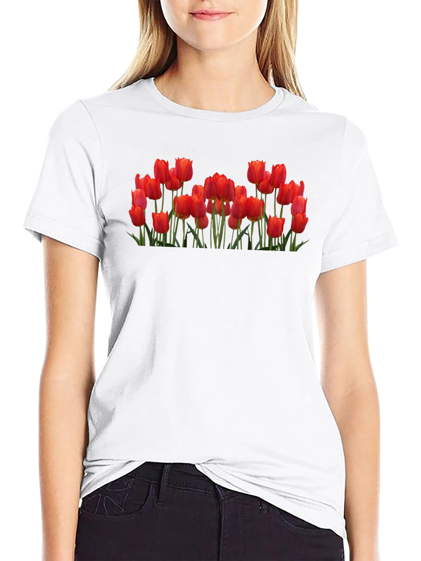 Tulip Garden Black Tee - Floral Graphic T-Shirt
