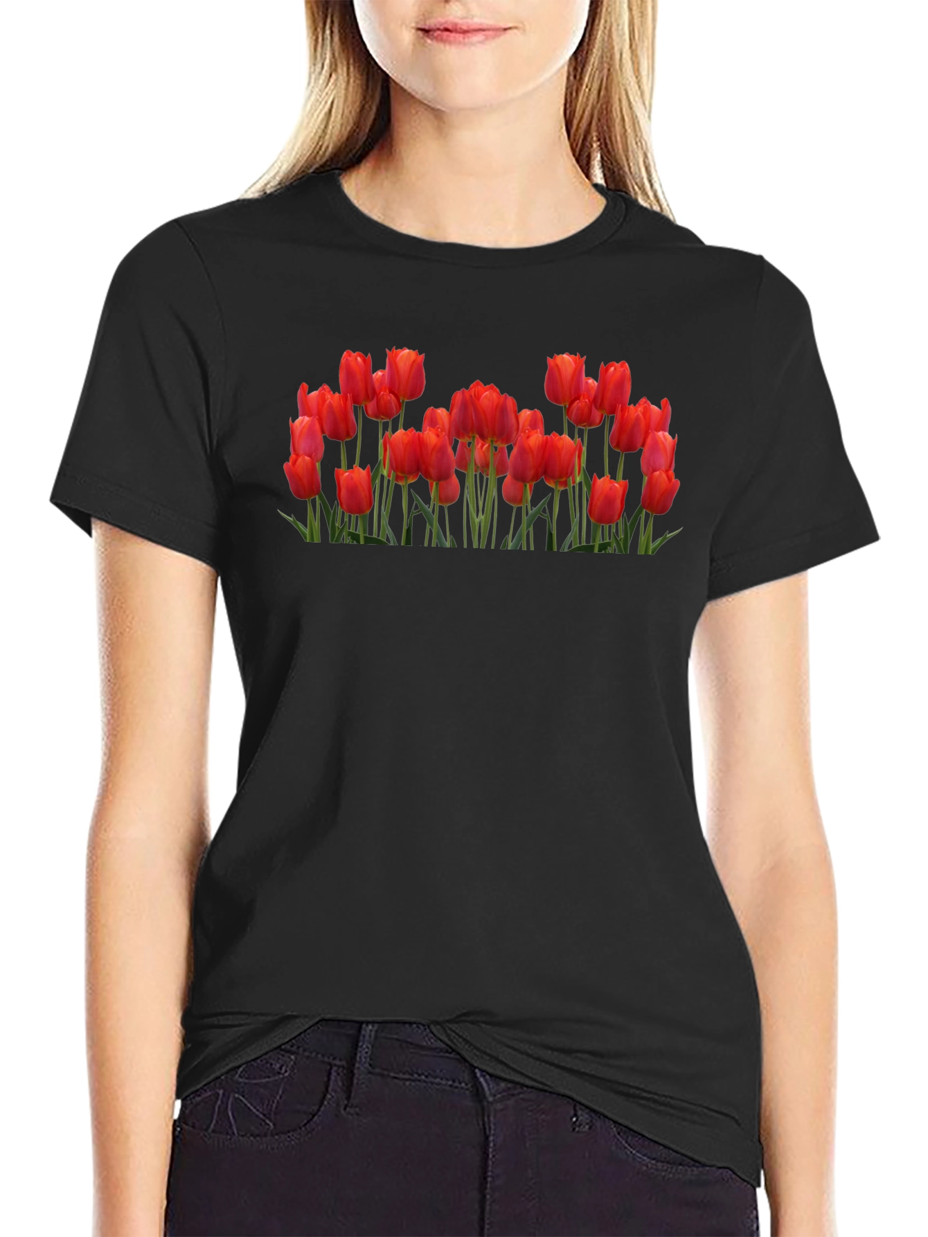 Tulip Garden Black Tee - Floral Graphic T-Shirt