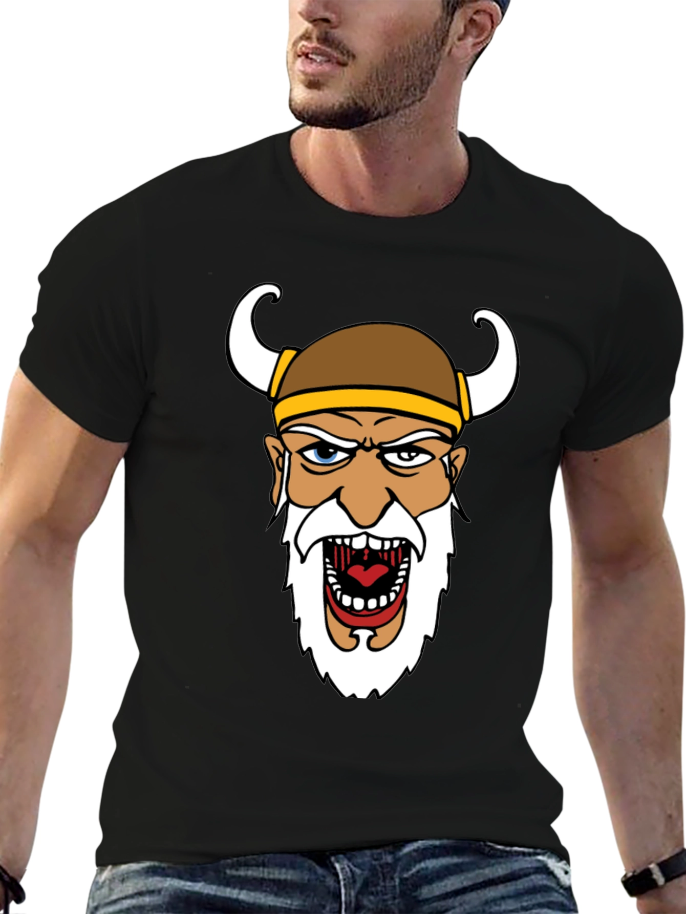 Viking Cartoon Graphic Black T-Shirt