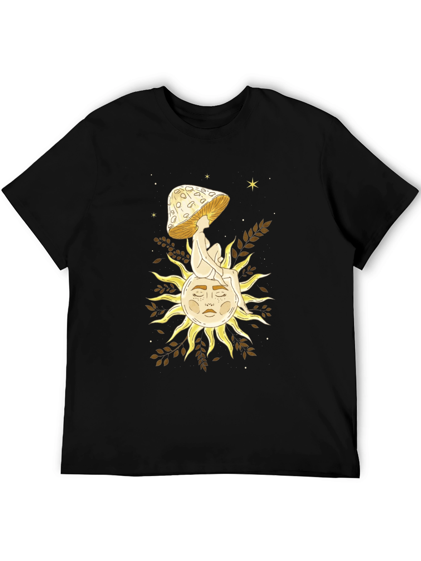Celestial Mushroom Sun Graphic Tee - Black Cotton T-Shirt