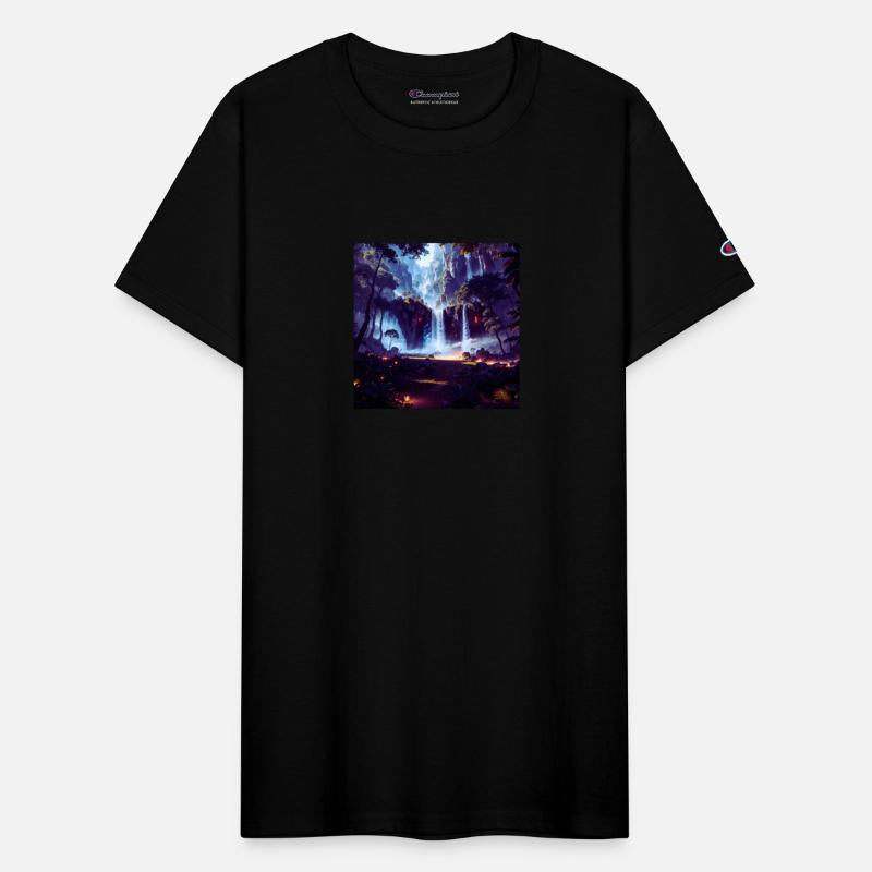 Mystic Waterfall and Lantern in a Dark Forest